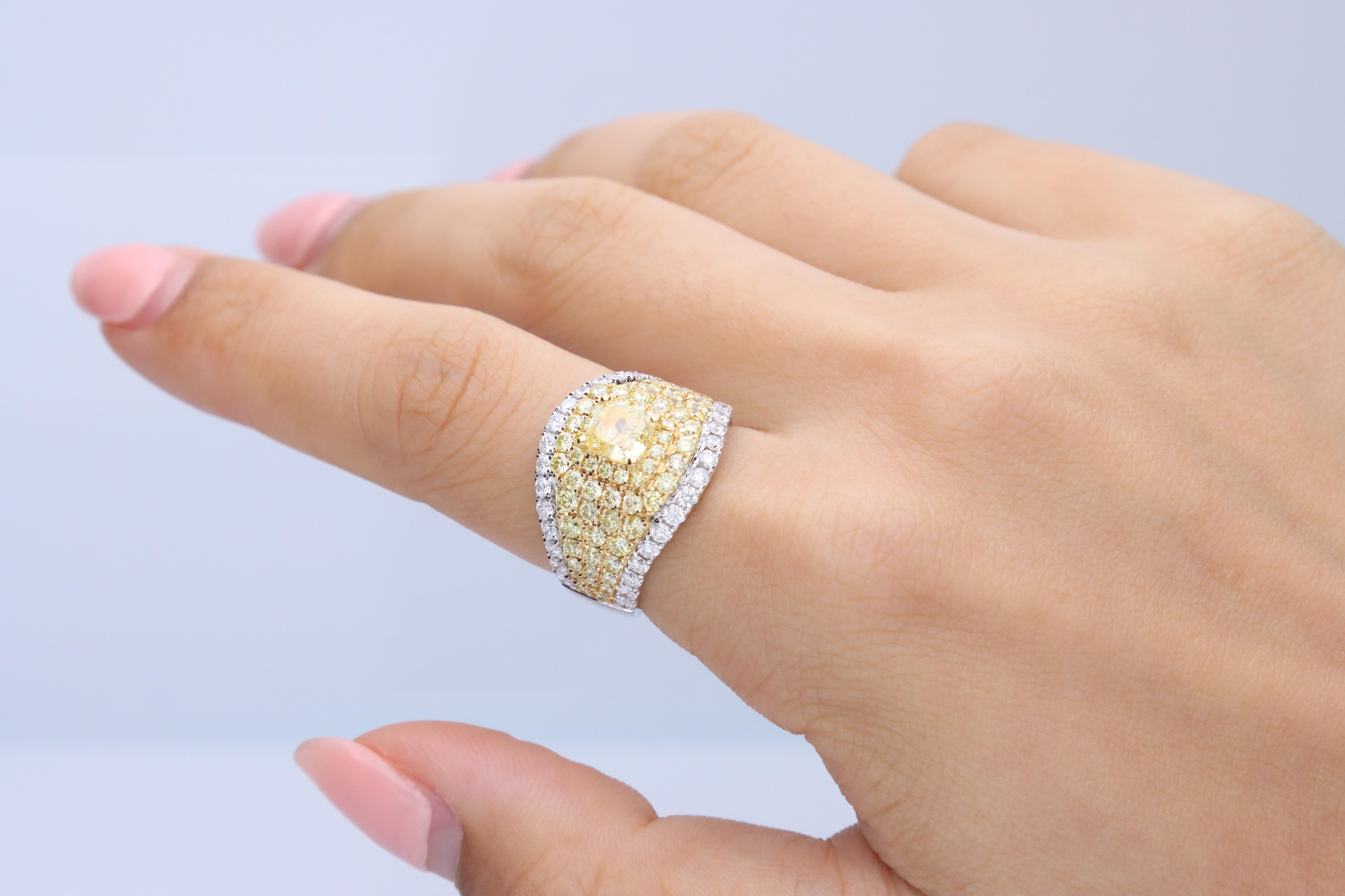 Stunning, timeless and classy eternity Unique Ring. Decorate yourself in luxury with this Gin & Grace Ring. The 18K Two Tone Gold jewelry boasts with Cushion-cut 1 pcs 0.77 carat, Round-cut 70 pcs 1.44 carat Yellow Diamond and Natural Round-cut