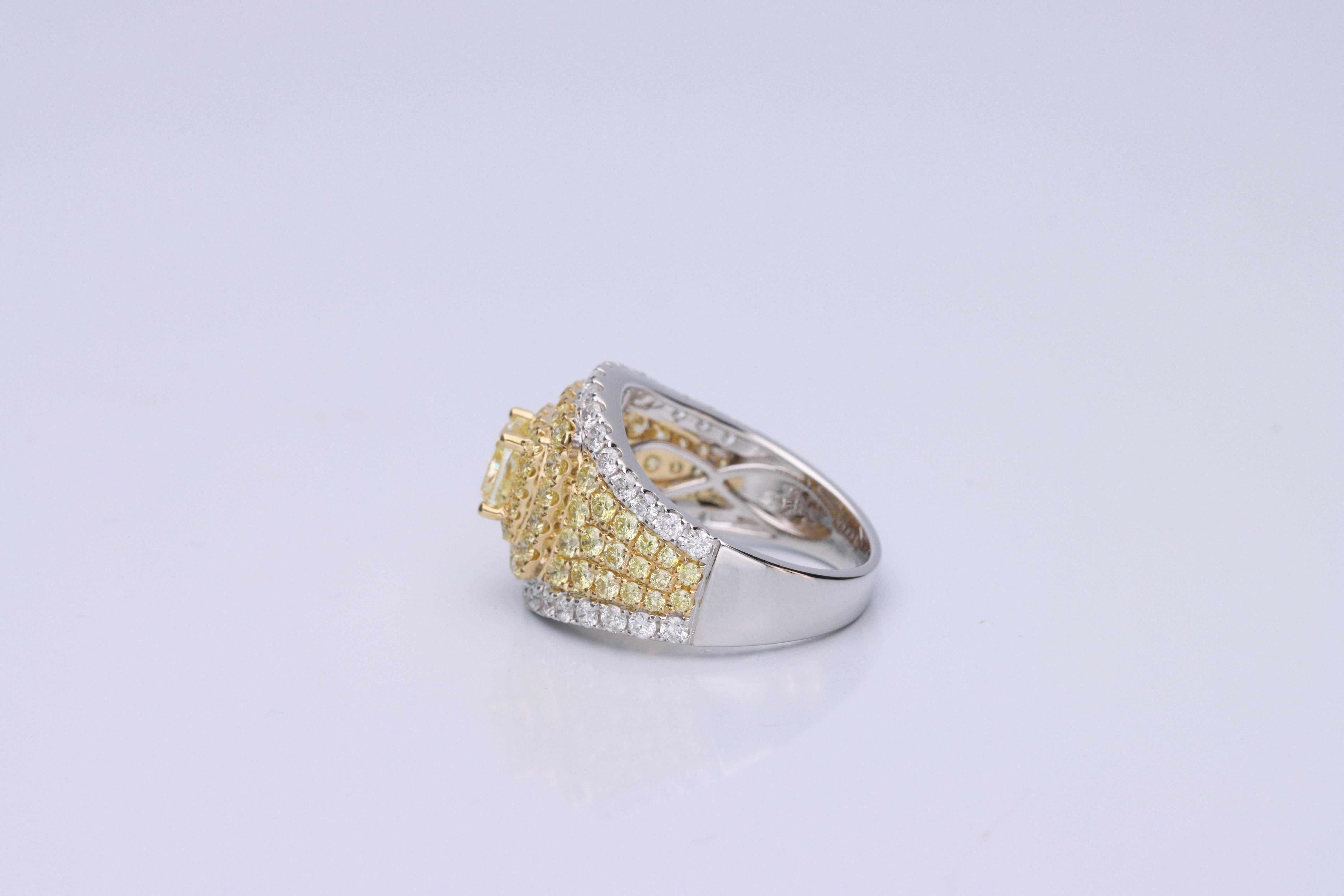 Art Deco Gin & Grace Cushion-Cut Yellow Diamond with White Diamond 18k TT Gold Ring For Sale