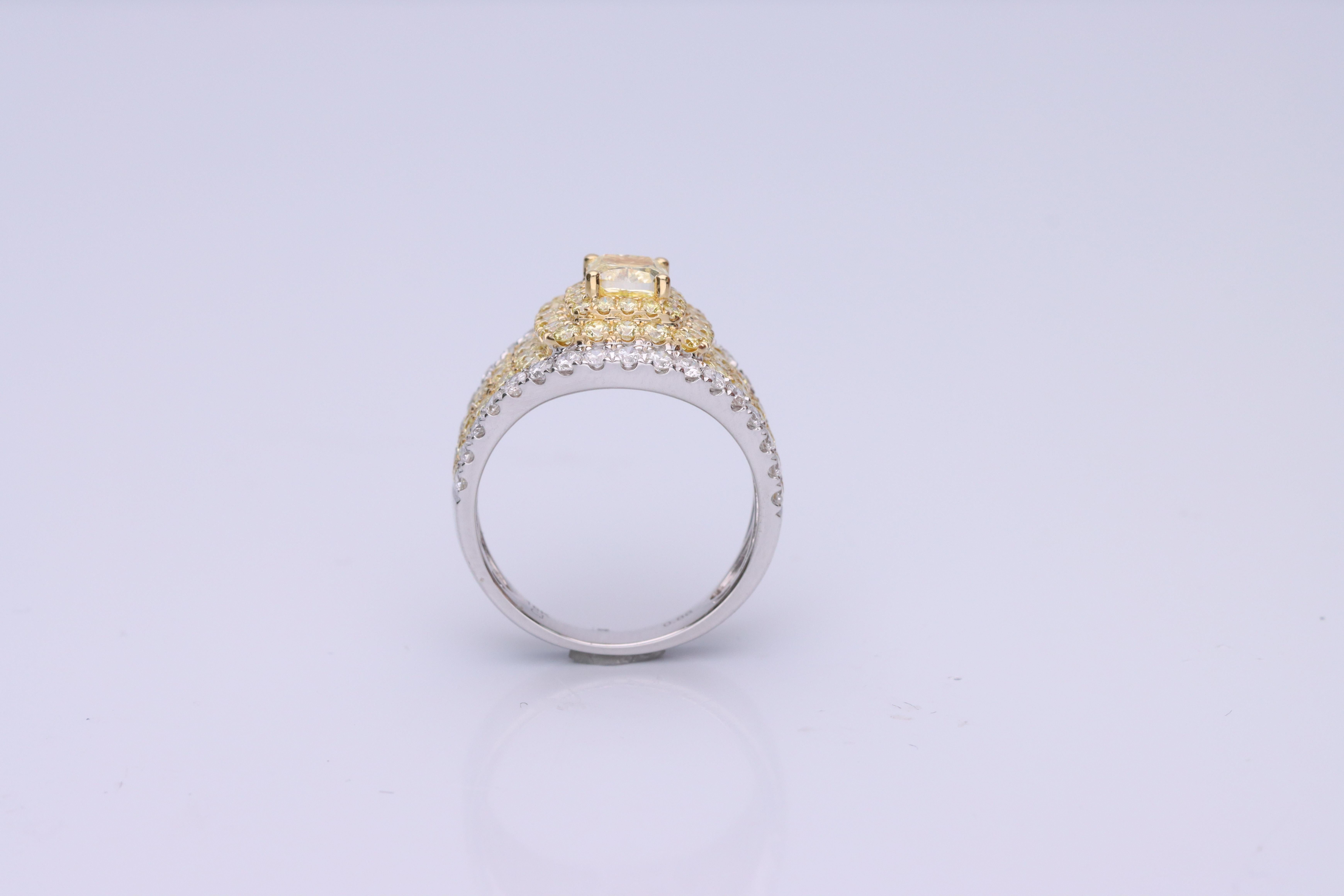 Gin & Grace Cushion-Cut Yellow Diamond with White Diamond 18k TT Gold Ring In New Condition For Sale In New York, NY