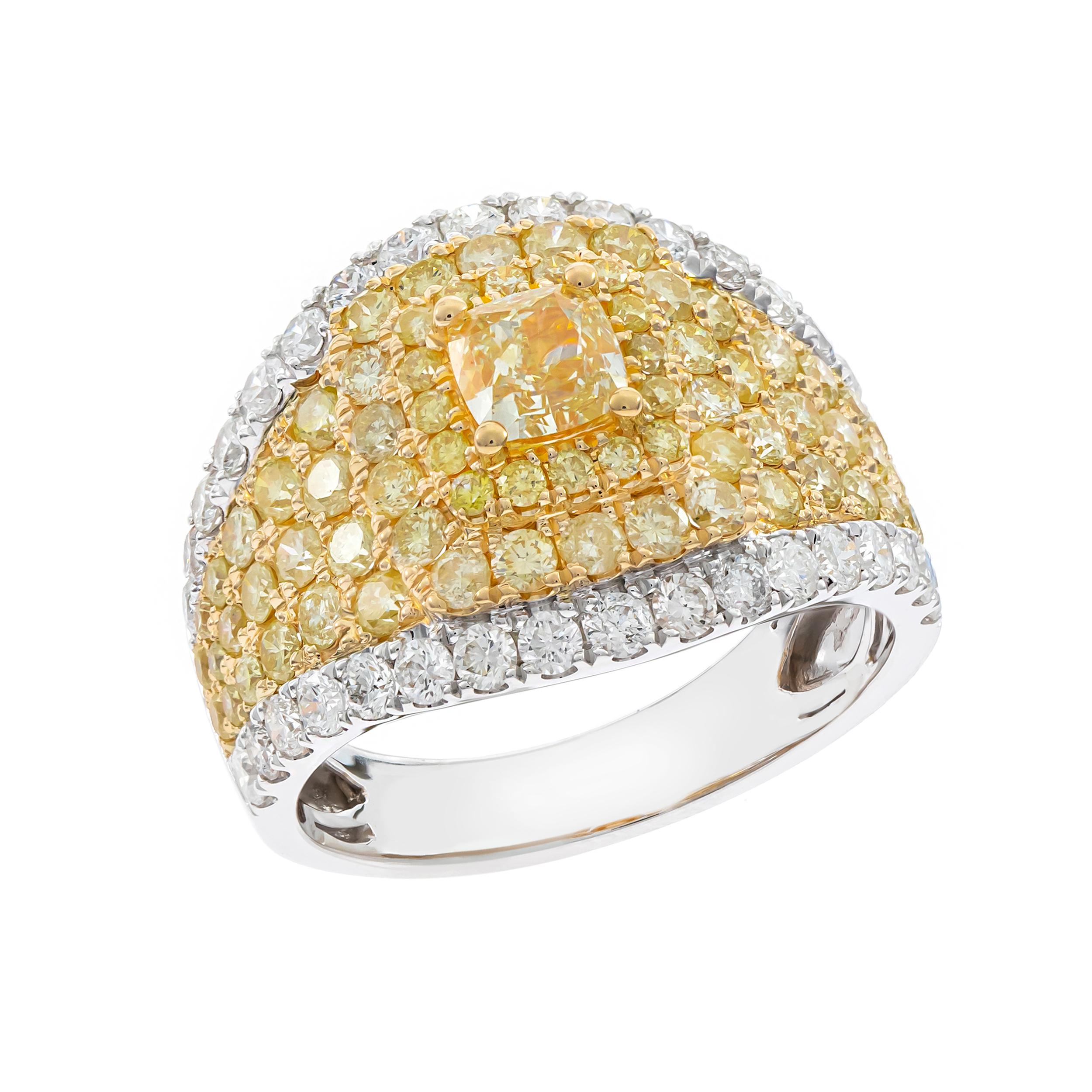 Women's Gin & Grace Cushion-Cut Yellow Diamond with White Diamond 18k TT Gold Ring For Sale