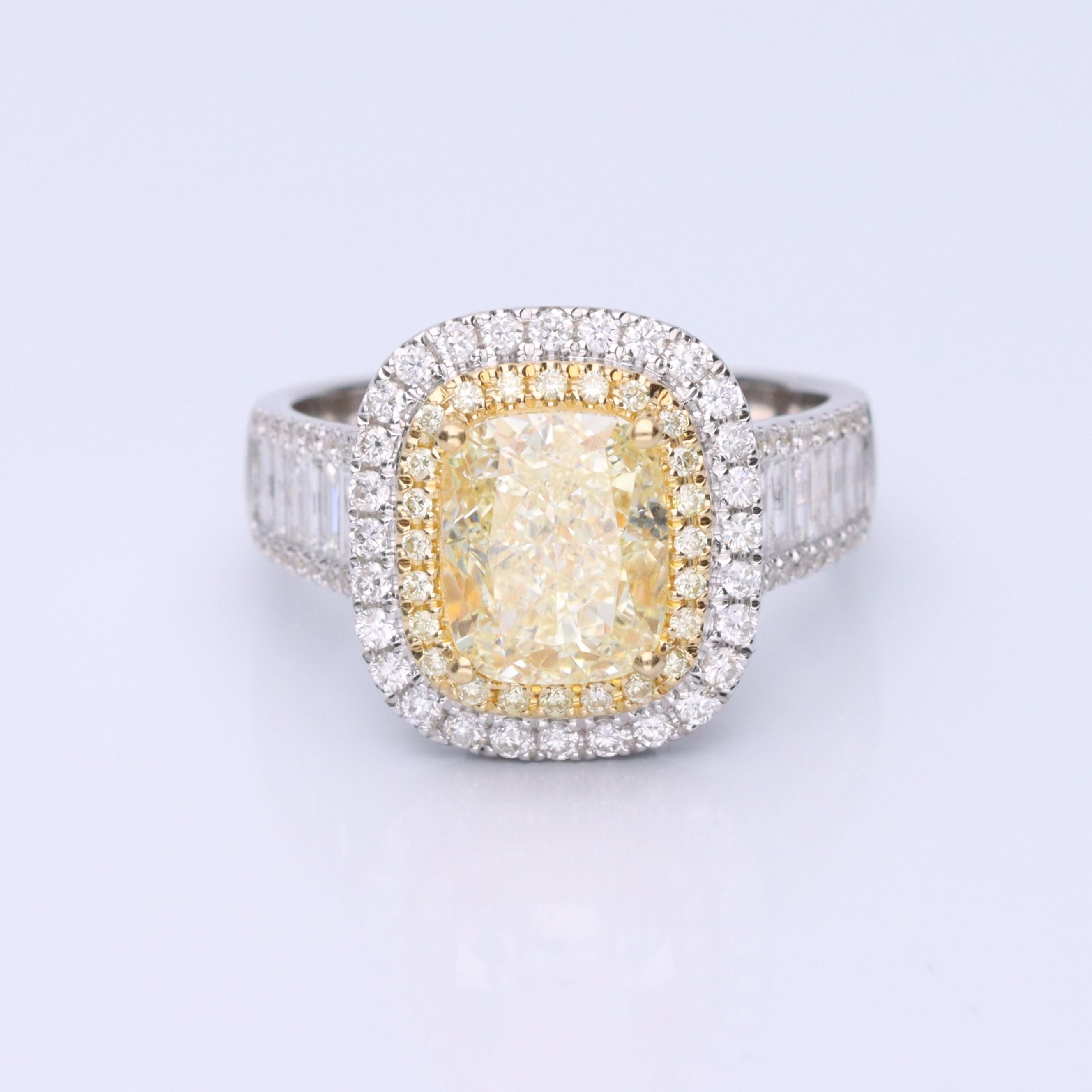 Art Deco Gin & Grace Cushion-Cut Yellow Diamond with White Diamonds 18k TT Gold Ring For Sale