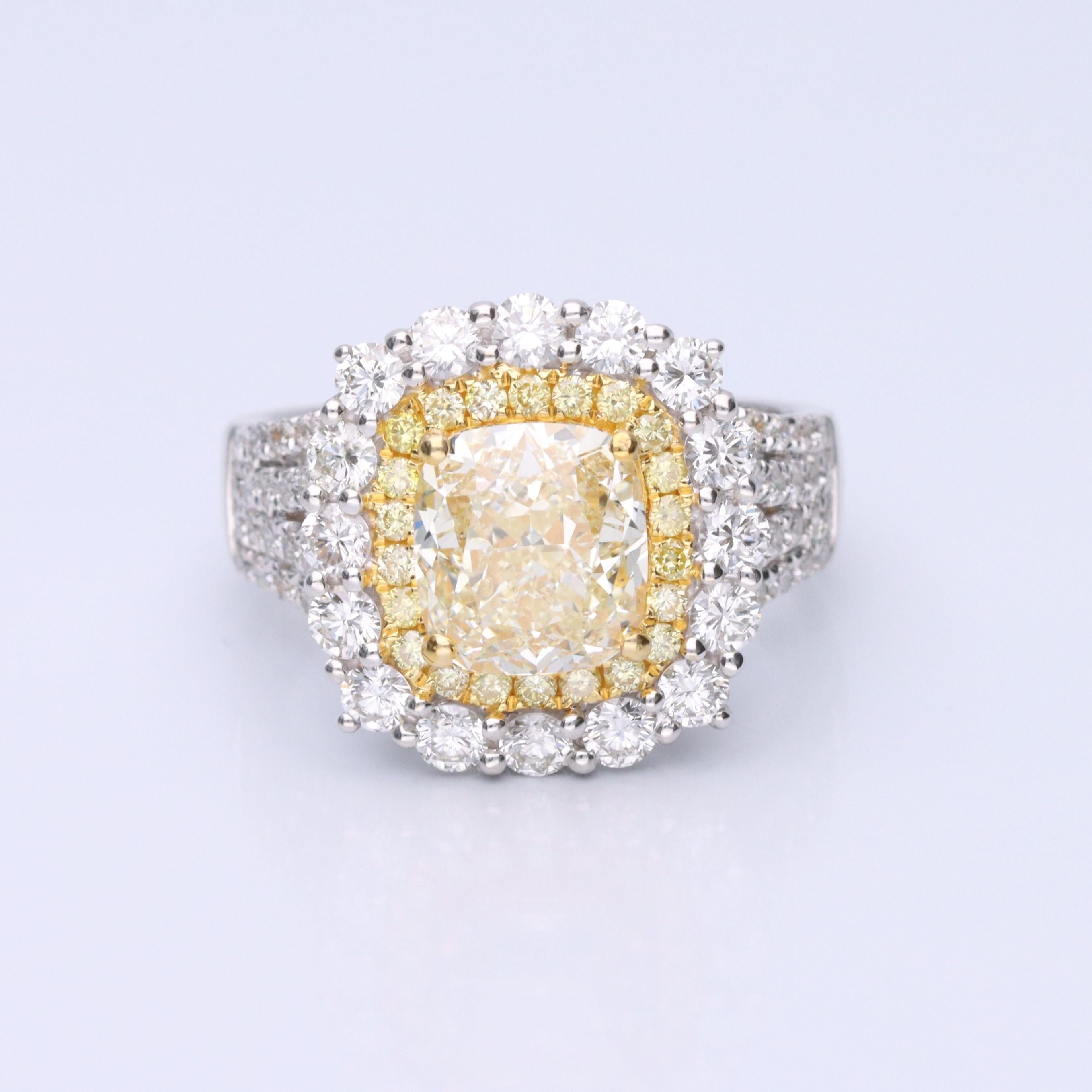 Art Deco Gin & Grace Cushion-Cut Yellow Diamond with White Diamonds 18k TT Gold Ring
