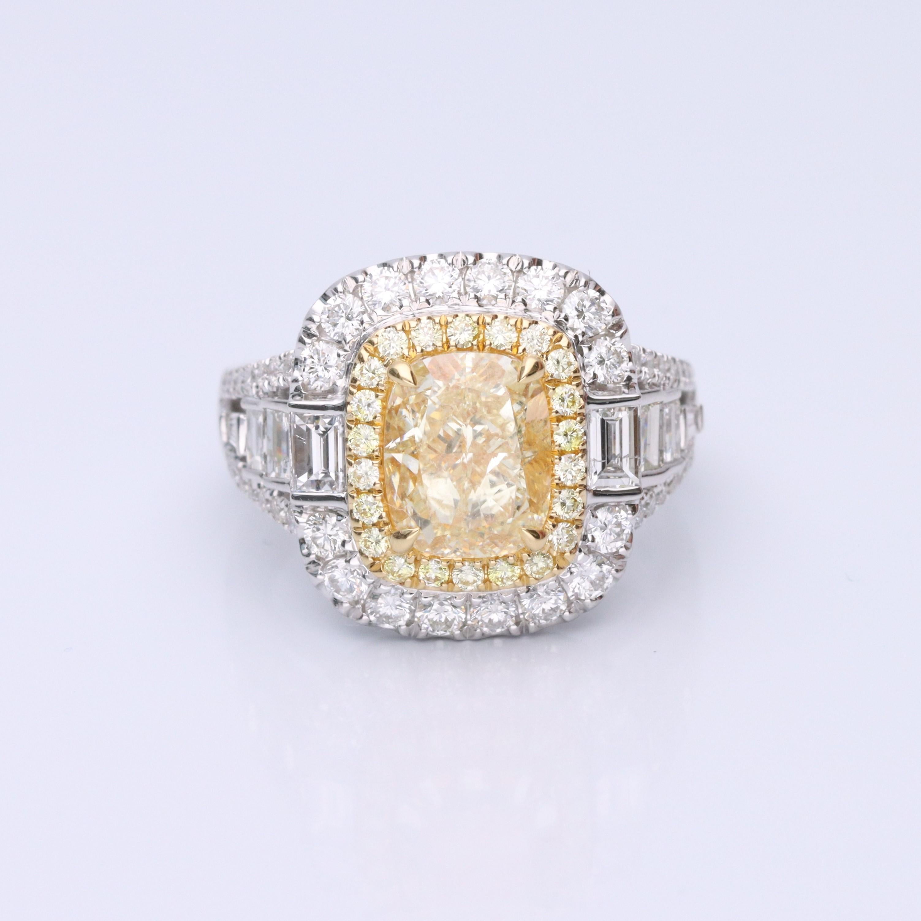 Art Deco Gin & Grace Cushion-Cut Yellow Diamond with White Diamonds 18k TT Gold Ring For Sale