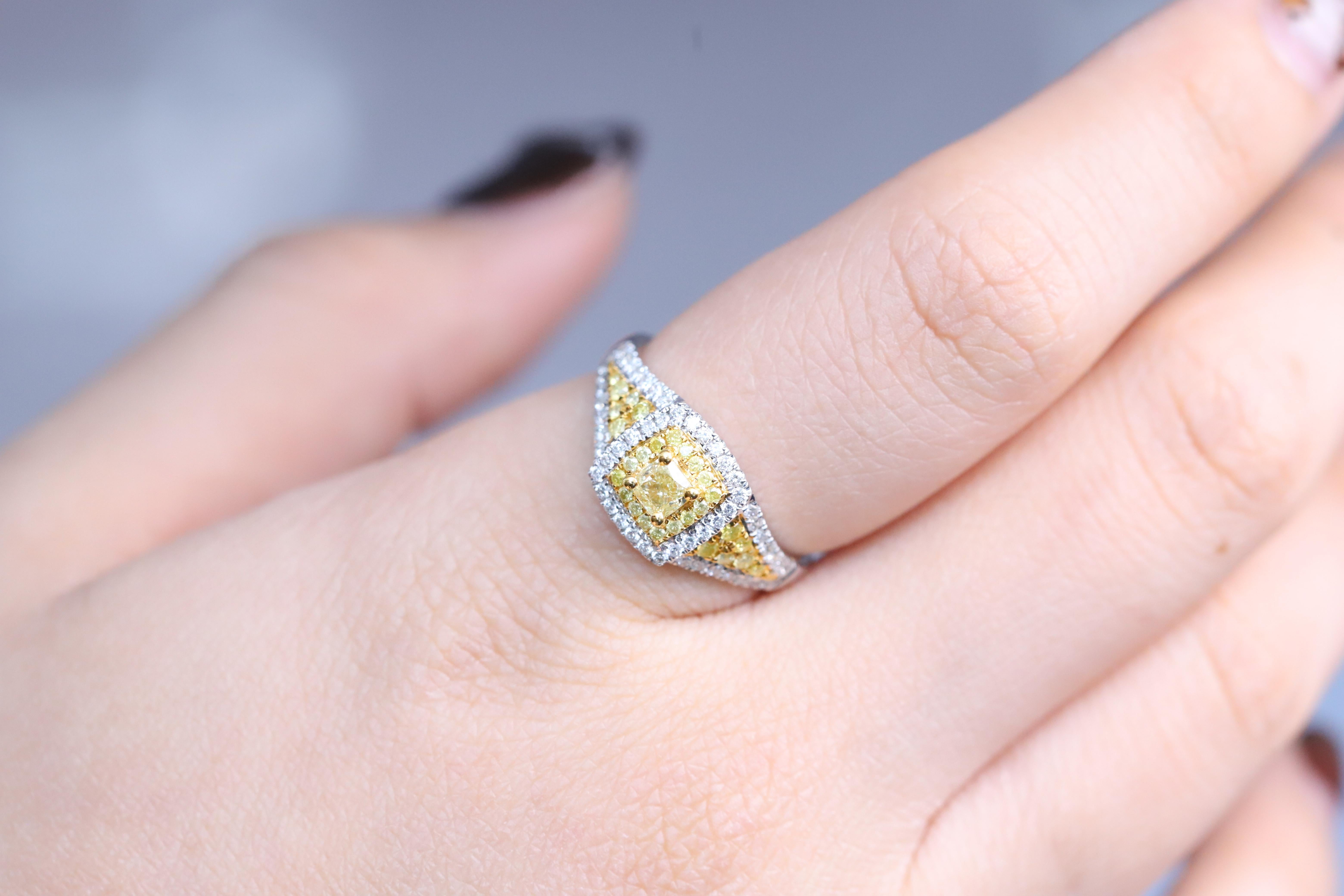 Stunning, timeless and classy eternity Unique Ring. Decorate yourself in luxury with this Gin & Grace Ring. The 18K Two Tone Gold jewelry boasts with Cushion-cut 1 pcs 0.31 carat, Round-cut 28 pcs 0.24 carat Yellow Diamond and Natural Round-cut