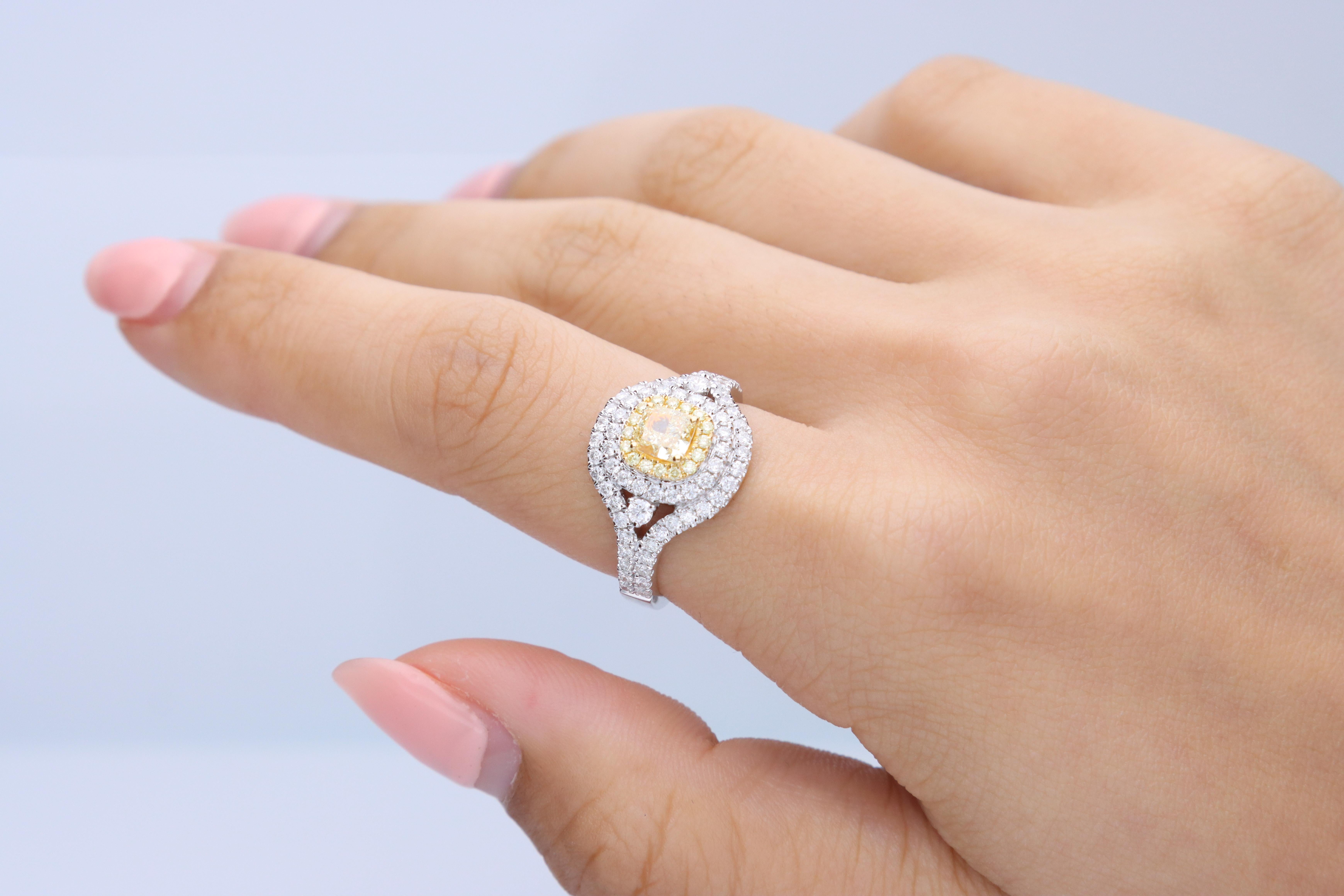 Stunning, timeless and classy eternity Unique Ring. Decorate yourself in luxury with this Gin & Grace Ring. The 18K Two Tone Gold jewelry boasts with Cushion-cut 1 pcs 0.63 carat, Round-cut 16 pcs 0.11 carat Yellow Diamond and Natural Round-cut