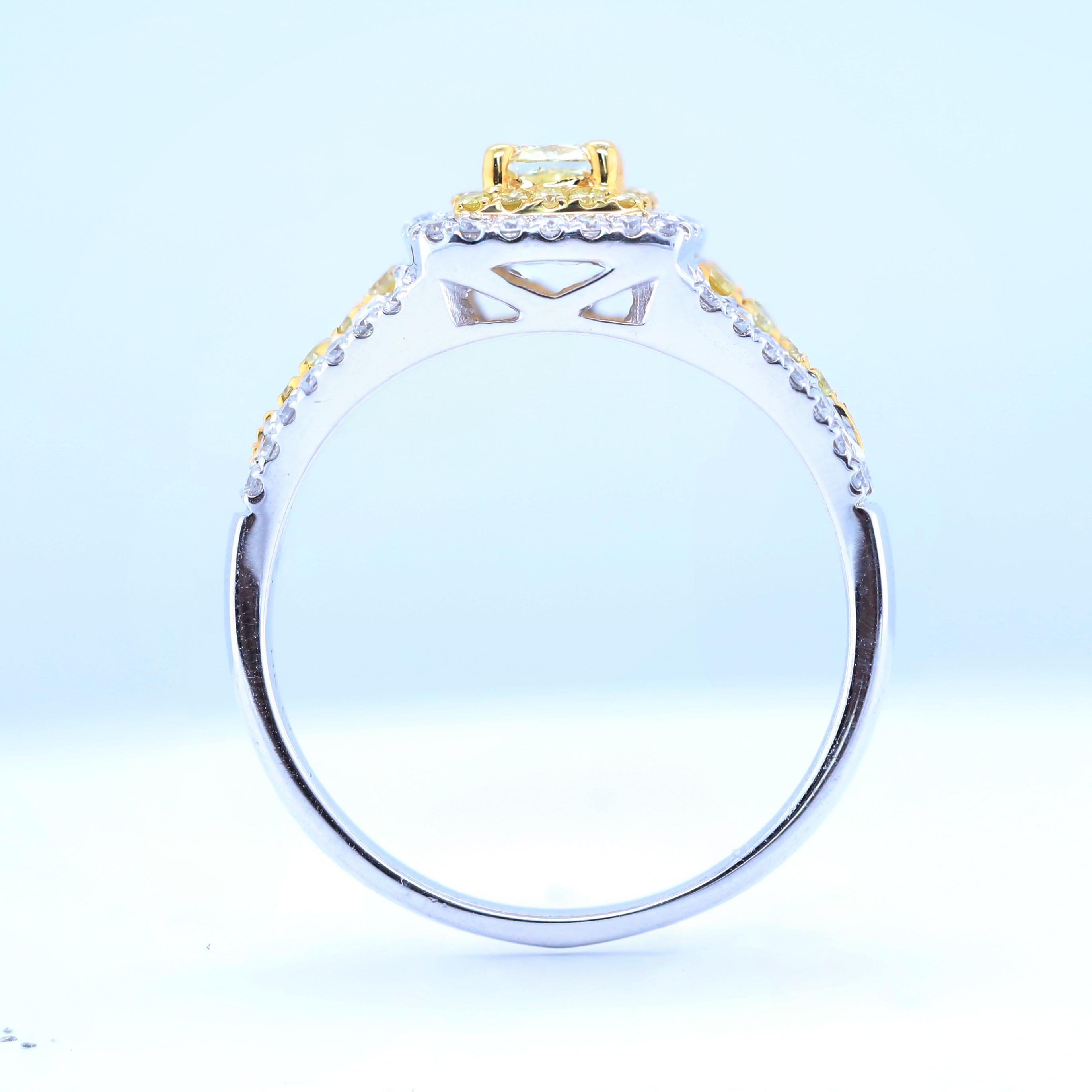Art Deco Gin & Grace Cushion-Cut Yellow Diamond with White Diamonds 18k TT Gold Ring For Sale