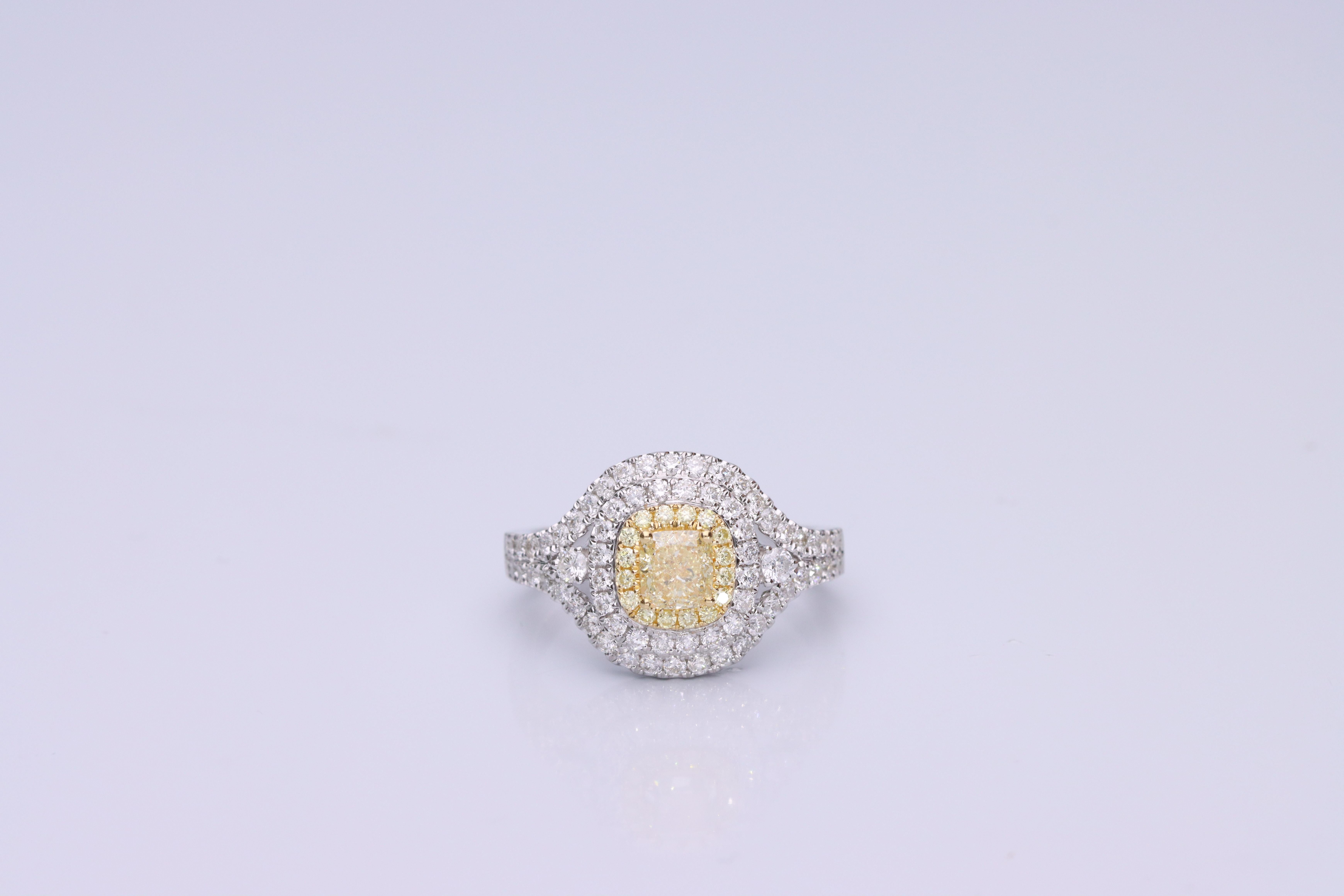 Art Deco Gin & Grace Cushion-Cut Yellow Diamond with White Diamonds 18k TT Gold Ring For Sale