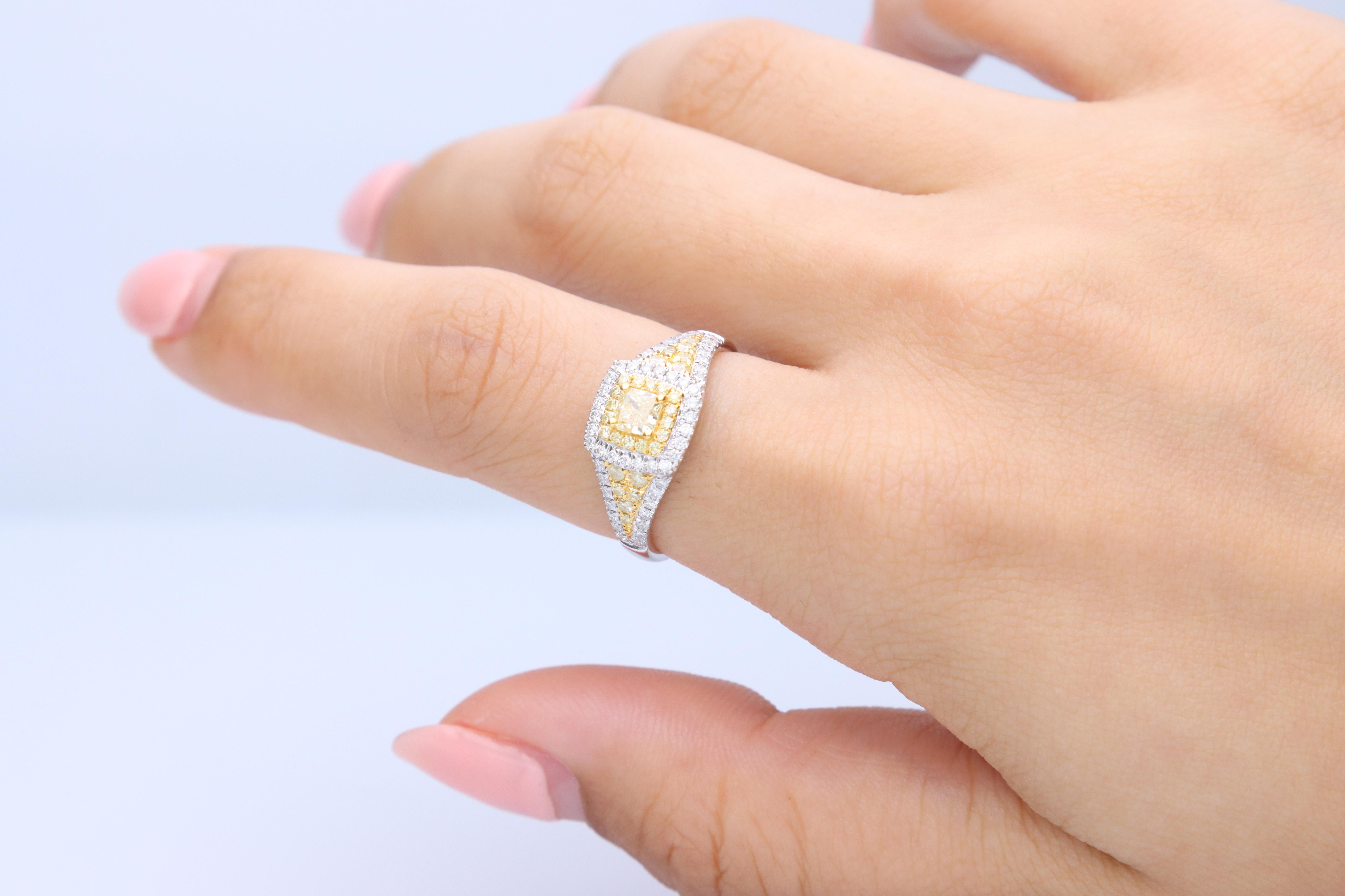 Stunning, timeless and classy eternity Unique Ring. Decorate yourself in luxury with this Gin & Grace Ring. The 18K Two Tone Gold jewelry boasts with Cushion-cut 1 pcs 0.31 carat, Round-cut 28 pcs 0.24 carat Yellow Diamond and Natural Round-cut