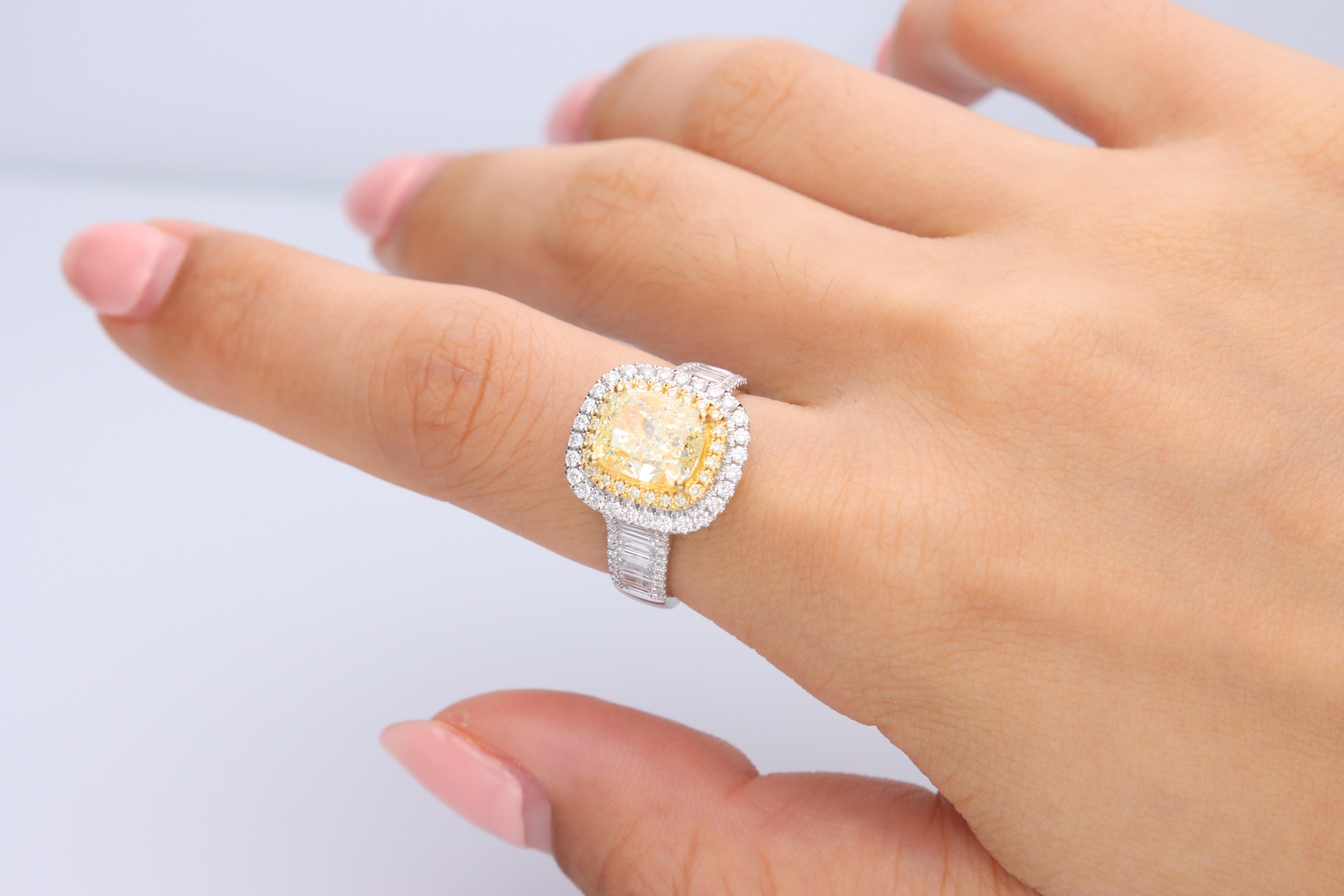 Stunning, timeless and classy eternity Unique Ring. Decorate yourself in luxury with this Gin & Grace Ring. The 18K Two Tone Gold jewelry boasts with Cushion-cut 1 pcs 3.01 carat, Round-cut 24 pcs 0.12 carat Yellow Diamond and Natural Round-cut