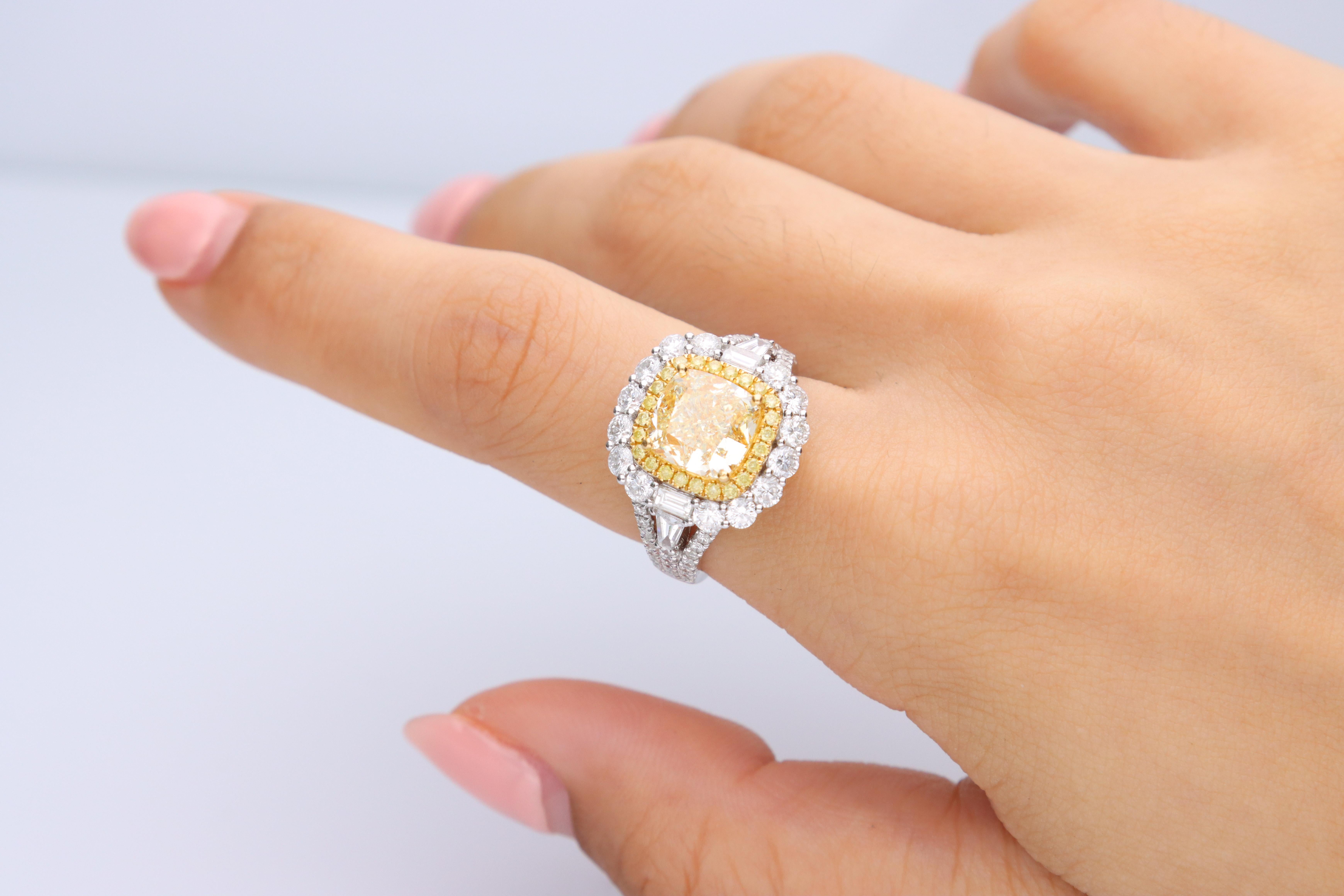 Stunning, timeless and classy eternity Unique Ring. Decorate yourself in luxury with this Gin & Grace Ring. The 18K Two Tone Gold jewelry boasts with Cushion-cut 1 pcs 3.51 carat, Round-cut 24 pcs 0.19 carat Yellow Diamond and Natural Round-cut