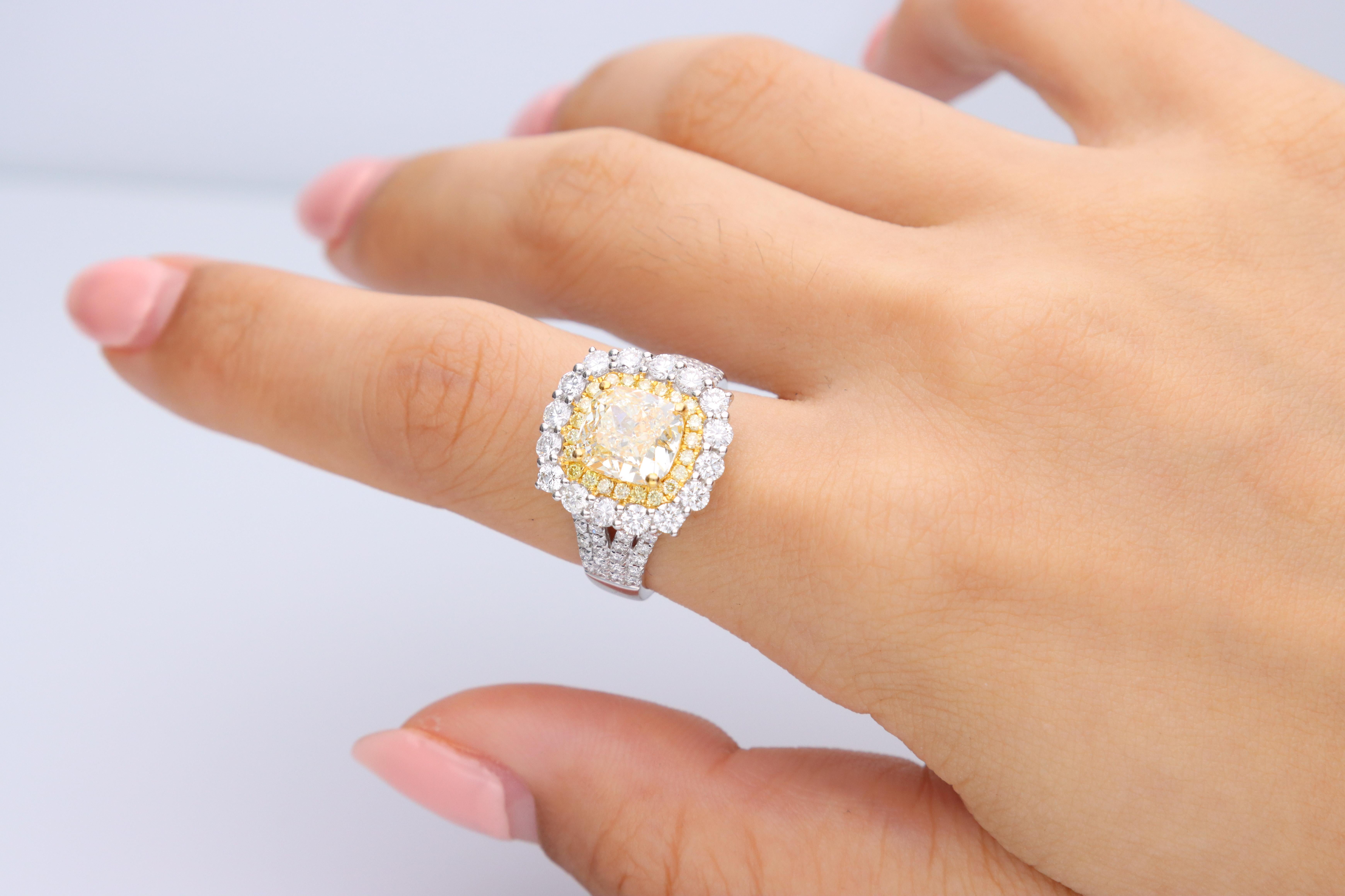 Stunning, timeless and classy eternity Unique Ring. Decorate yourself in luxury with this Gin & Grace Ring. The 18K Two Tone Gold jewelry boasts with Cushion-cut 1 pcs 3.01 carat, Round-cut 22 pcs 0.25 carat Yellow Diamond and Natural Round-cut