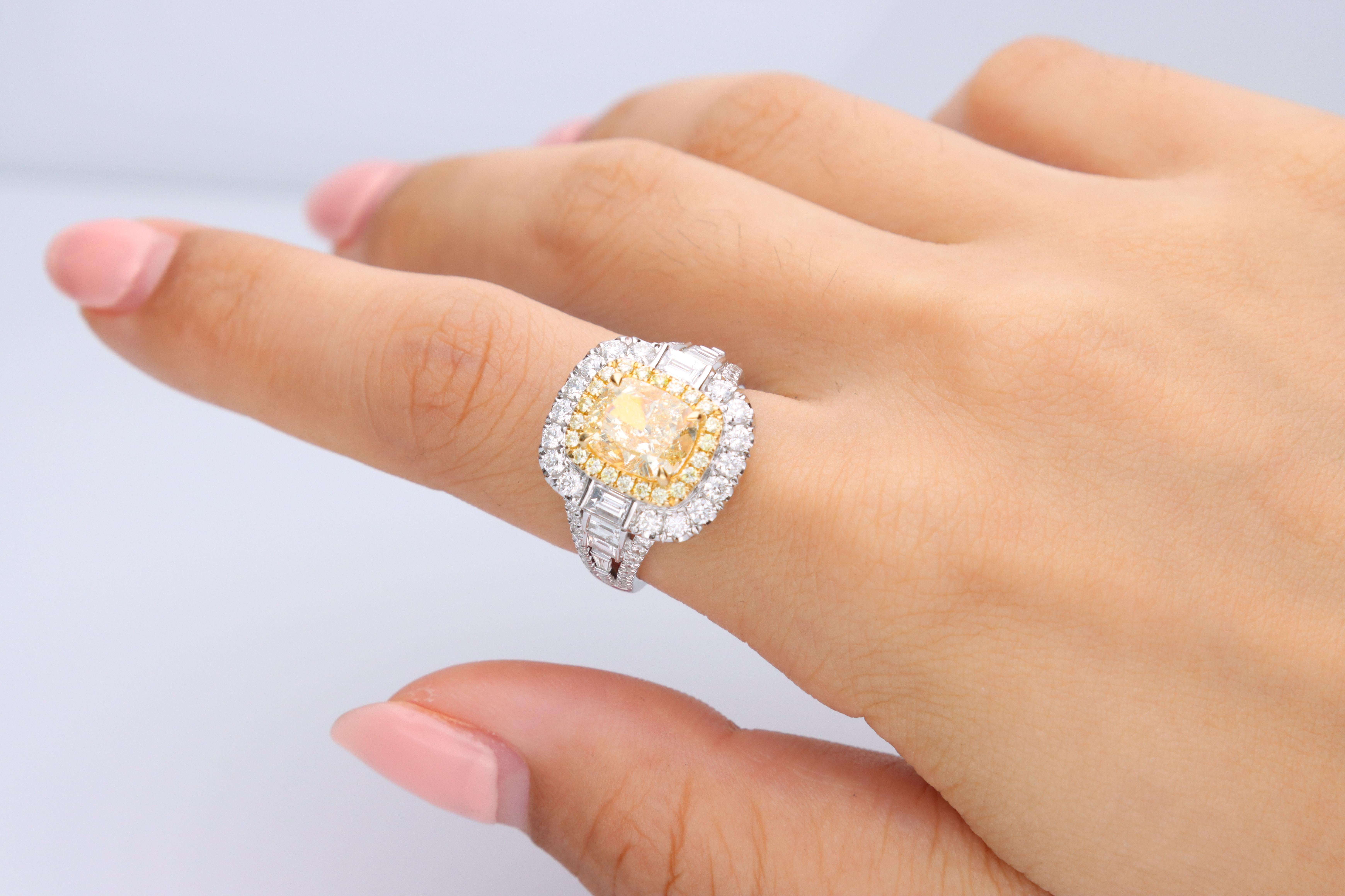 Stunning, timeless and classy eternity Unique Ring. Decorate yourself in luxury with this Gin & Grace Ring. The 18K Two Tone Gold jewelry boasts with Cushion-cut 1 pcs 3.01 carat, Round-cut 22 pcs 0.21 carat Yellow Diamond and Natural Round-cut