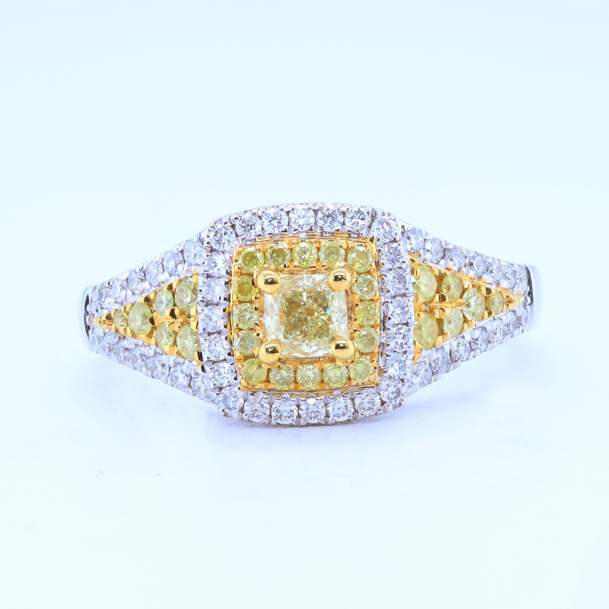 Gin & Grace Cushion-Cut Yellow Diamond with White Diamonds 18k TT Gold Ring In New Condition For Sale In New York, NY