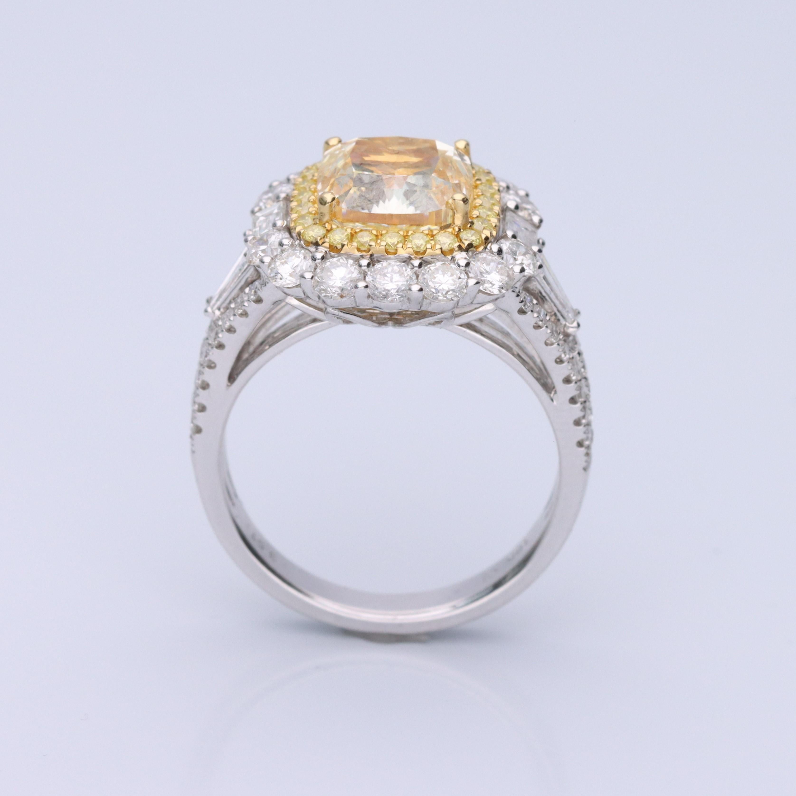 Women's Gin & Grace Cushion-Cut Yellow Diamond with White Diamonds 18k TT Gold Ring For Sale