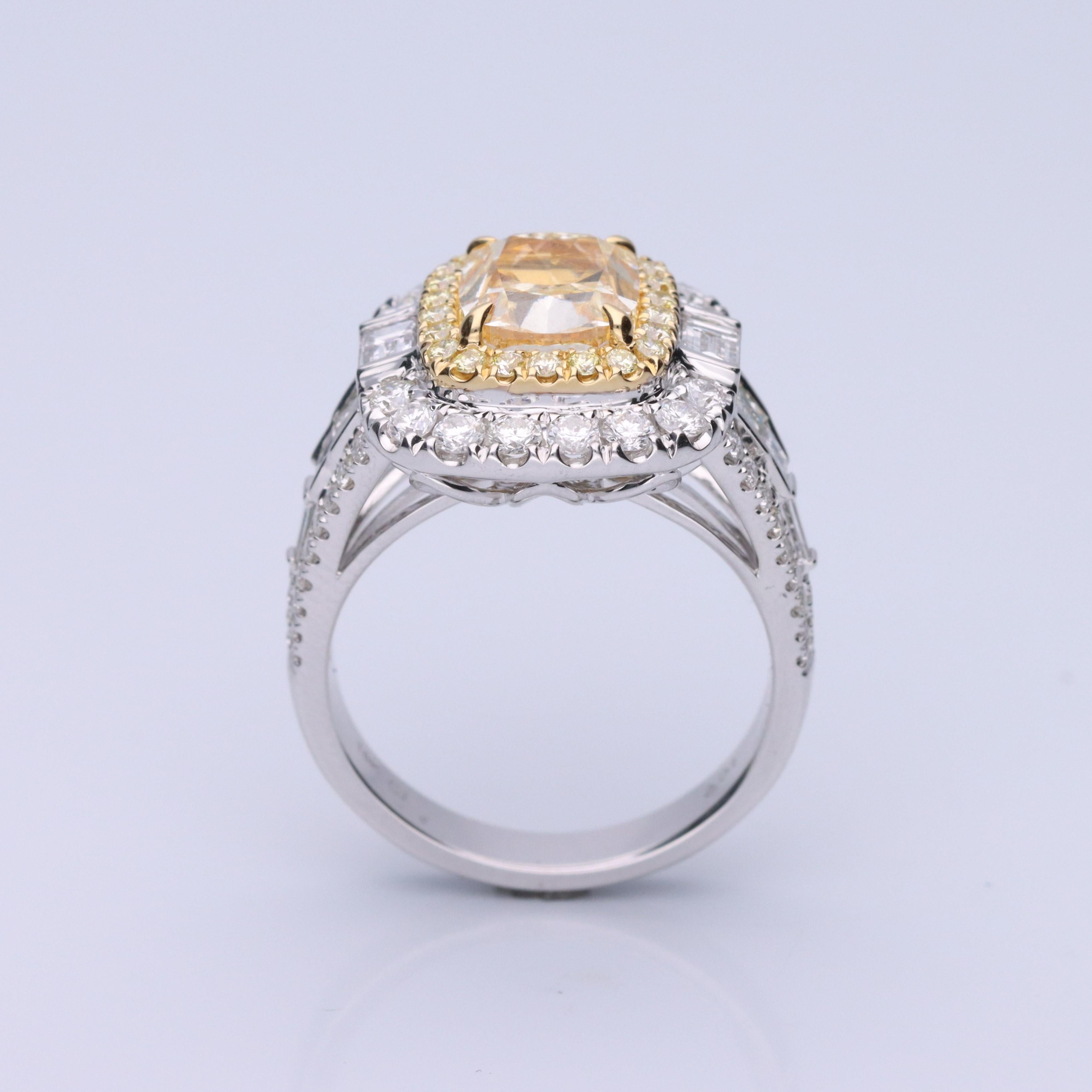 Women's Gin & Grace Cushion-Cut Yellow Diamond with White Diamonds 18k TT Gold Ring For Sale