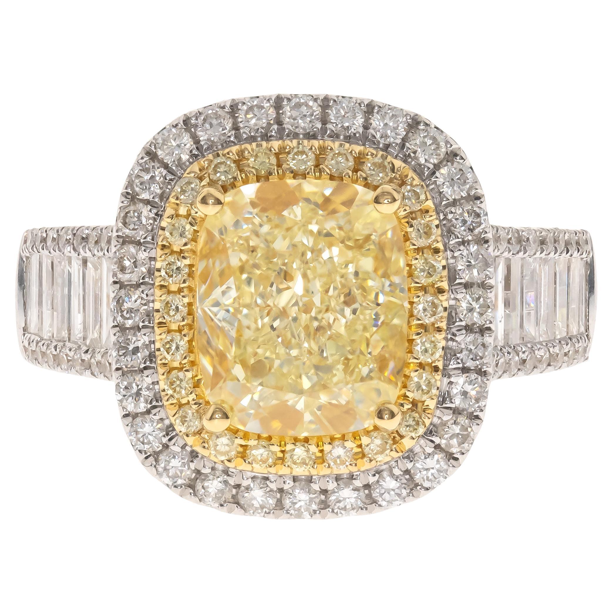 Gin & Grace Cushion-Cut Yellow Diamond with White Diamonds 18k TT Gold Ring