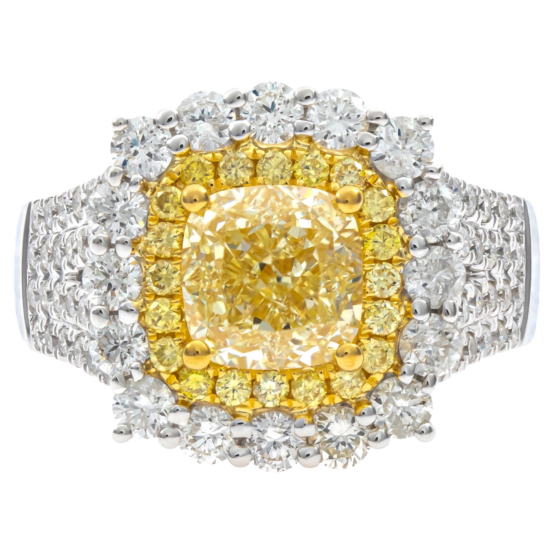 Gin & Grace Cushion-Cut Yellow Diamond with White Diamonds 18k TT Gold Ring