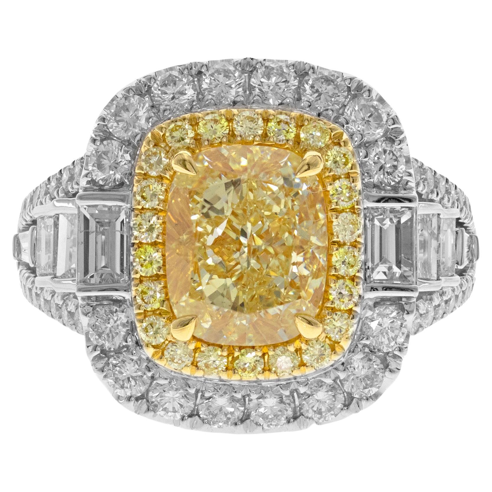 Gin & Grace Cushion-Cut Yellow Diamond with White Diamonds 18k TT Gold Ring For Sale