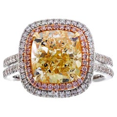 Gin & Grace Cushion Cut Yellow Diamond with White, Pink Diamonds 18kTT Gold Ring