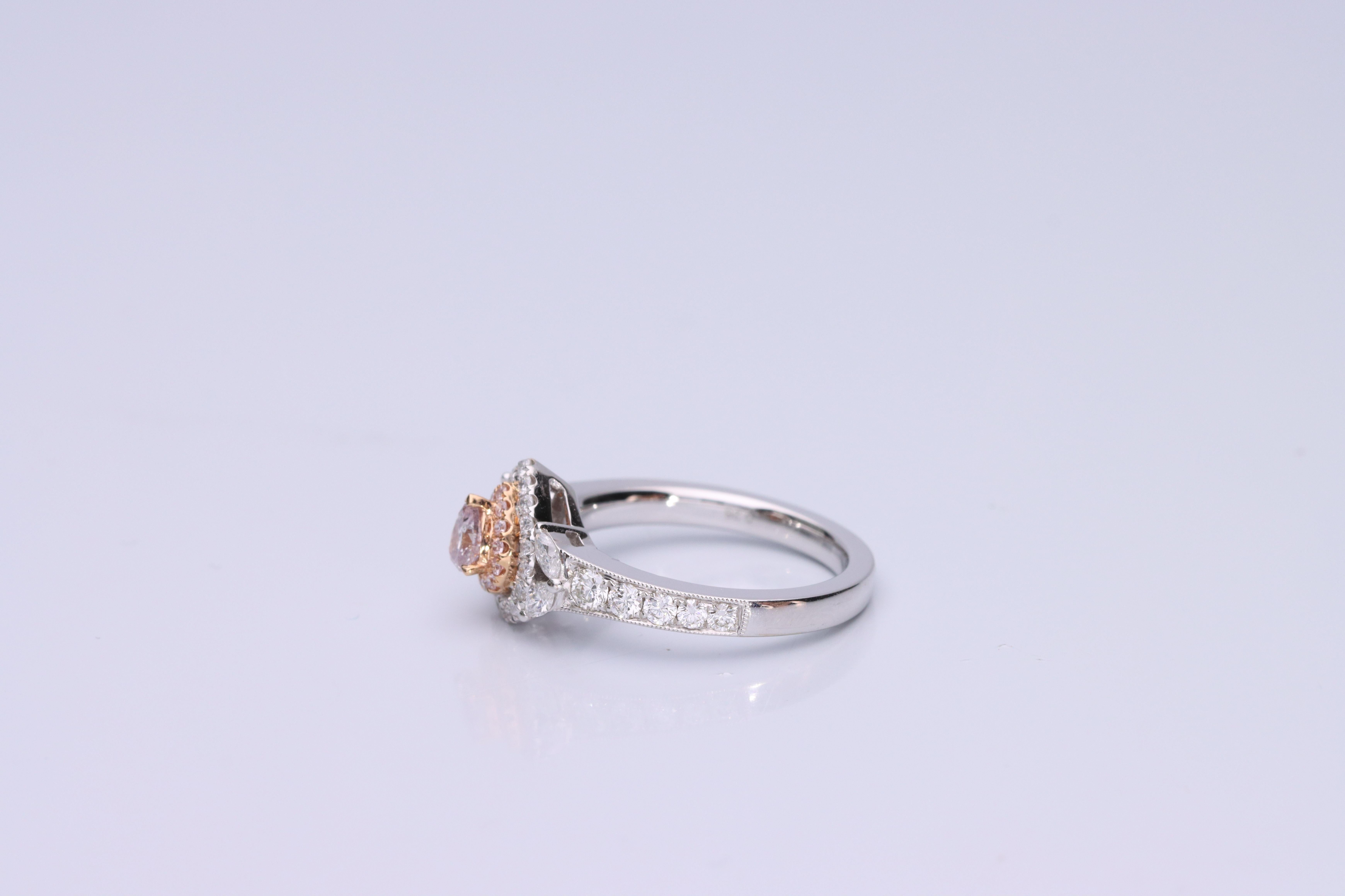 Stunning, timeless and classy eternity Unique Ring. Decorate yourself in luxury with this Gin & Grace Ring. The 18K Two Tone Gold jewelry boasts with Pear-cut 1 pcs  0.20 carat, Round-cut 13 pcs 0.07 carat Pink Diamond and Natural Round-cut white