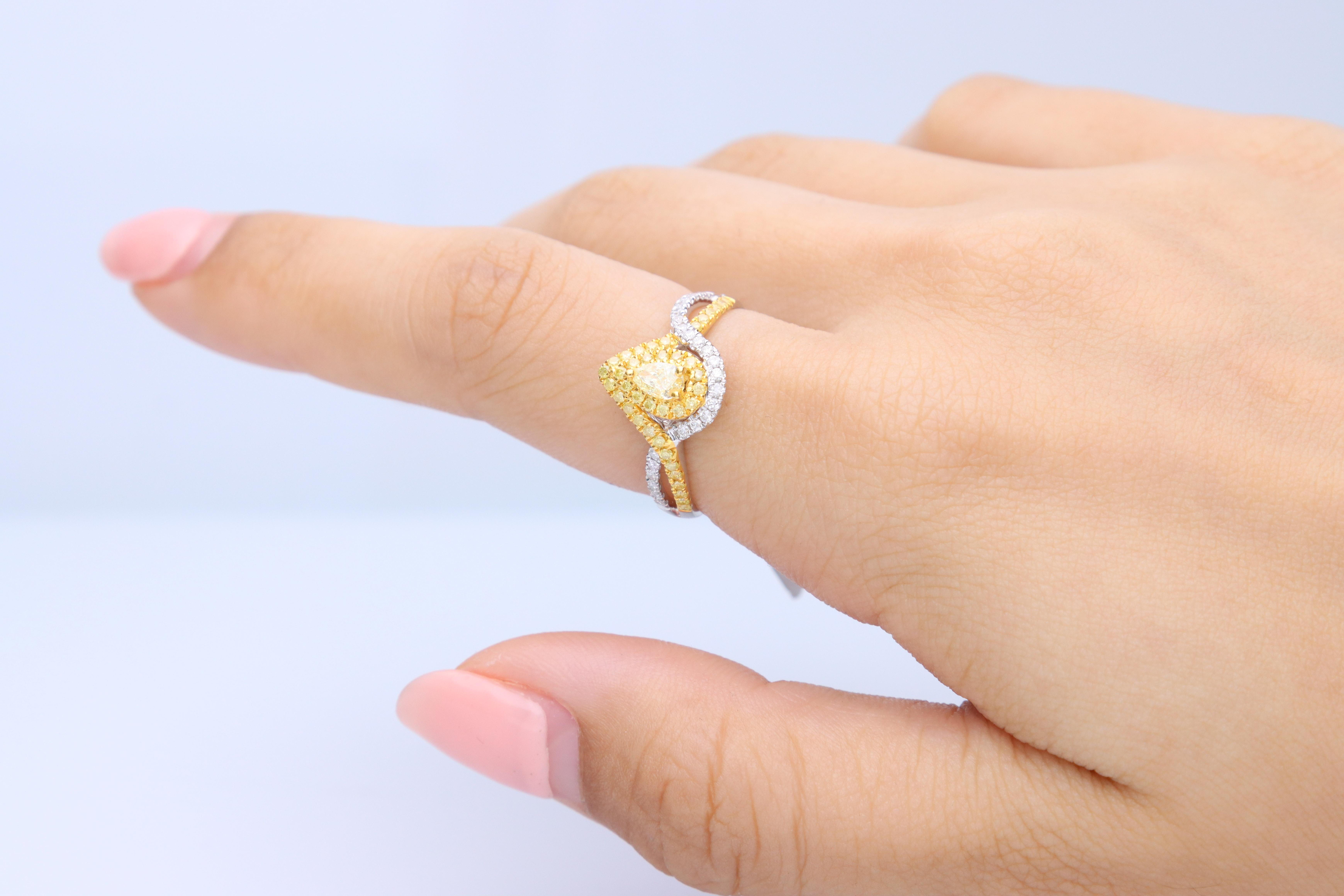 Stunning, timeless and classy eternity Unique Ring. Decorate yourself in luxury with this Gin & Grace Ring. The 18K Two Tone Gold jewelry boasts with Pear-cut 1 pcs  0.24 carat, Round-cut 39 pcs 0.28 carat Yellow Diamond and Natural Round-cut white