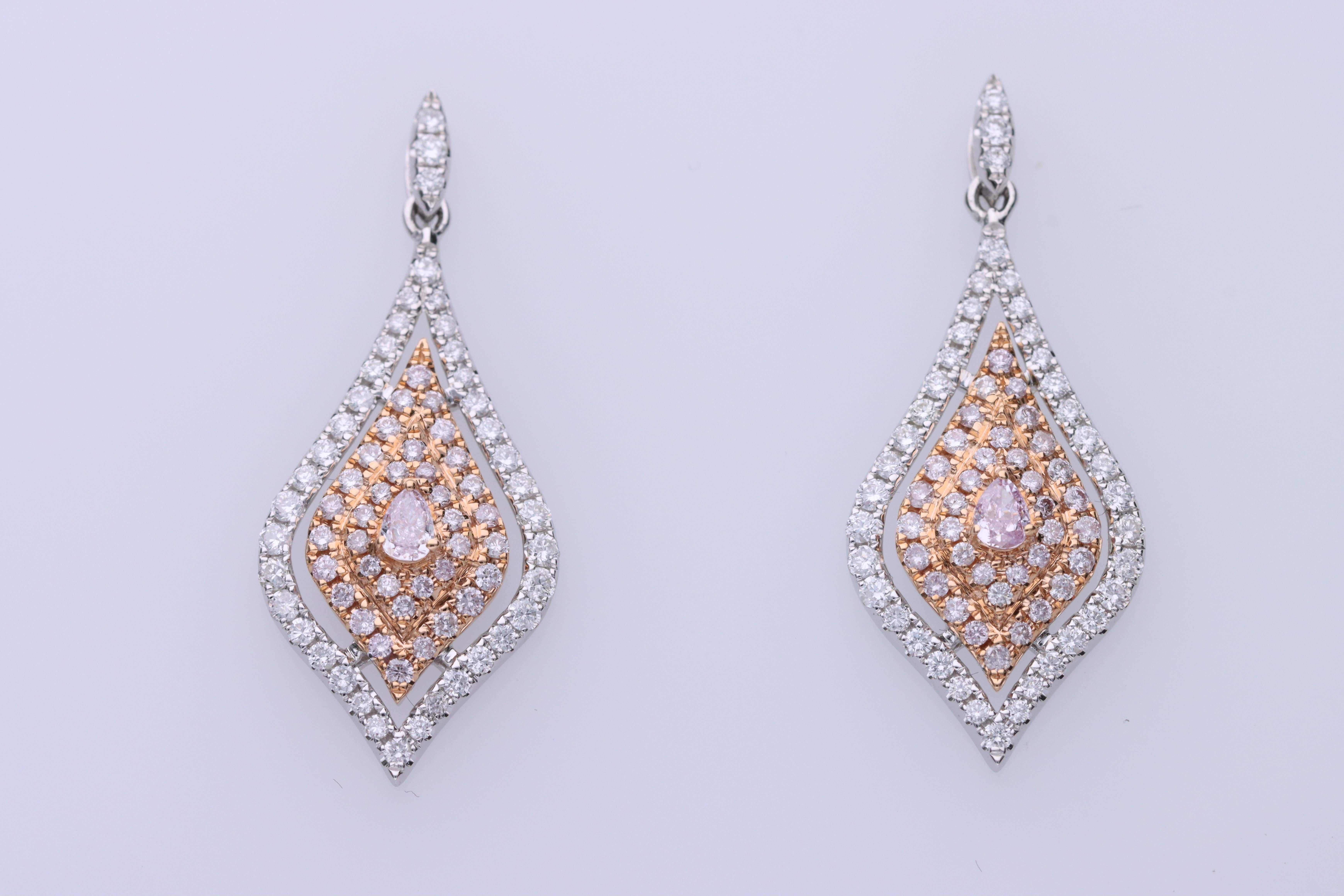 Art Deco Gin & Grace Pear, Round-Cut Pink Diamond Accents 14k Two Tone Gold Earring For Sale