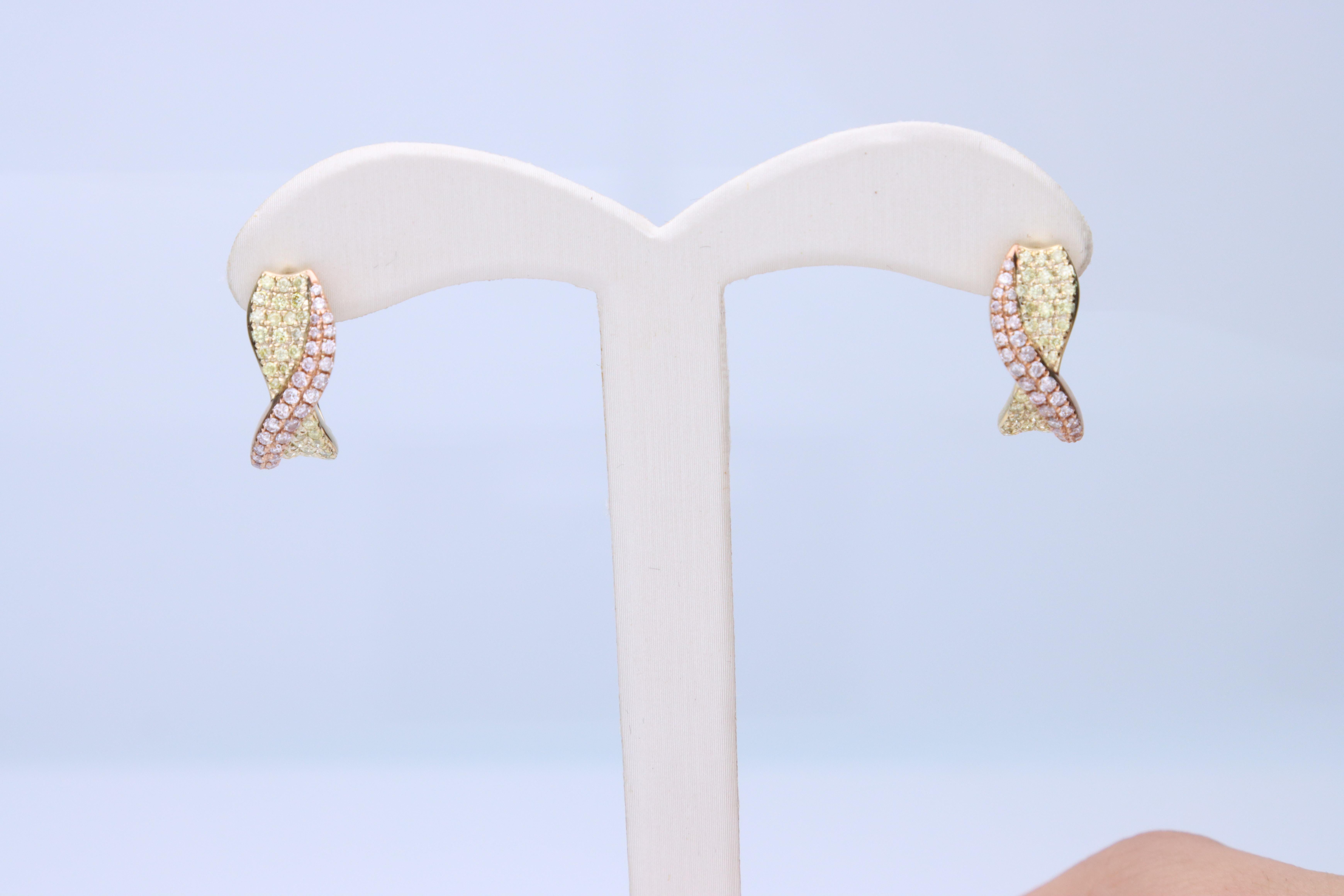 Gin & Grace Pendiente de Oro de Dos Tonos de 14k con Acentos de Diamante Amarillo y Rosa de Corte Redondo Art Decó en venta