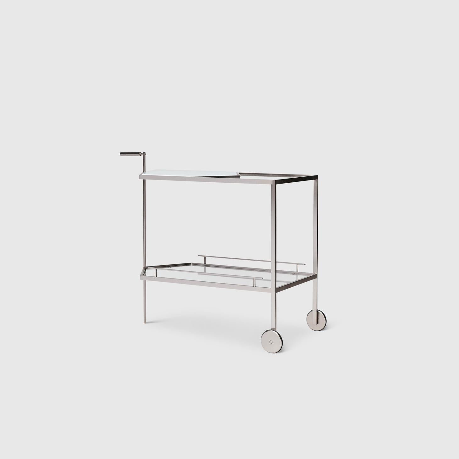 Minimaliste Chariot de bar Gin Lane de Yabu Pushelberg avec base en acier et inserts en verre et pierre en vente