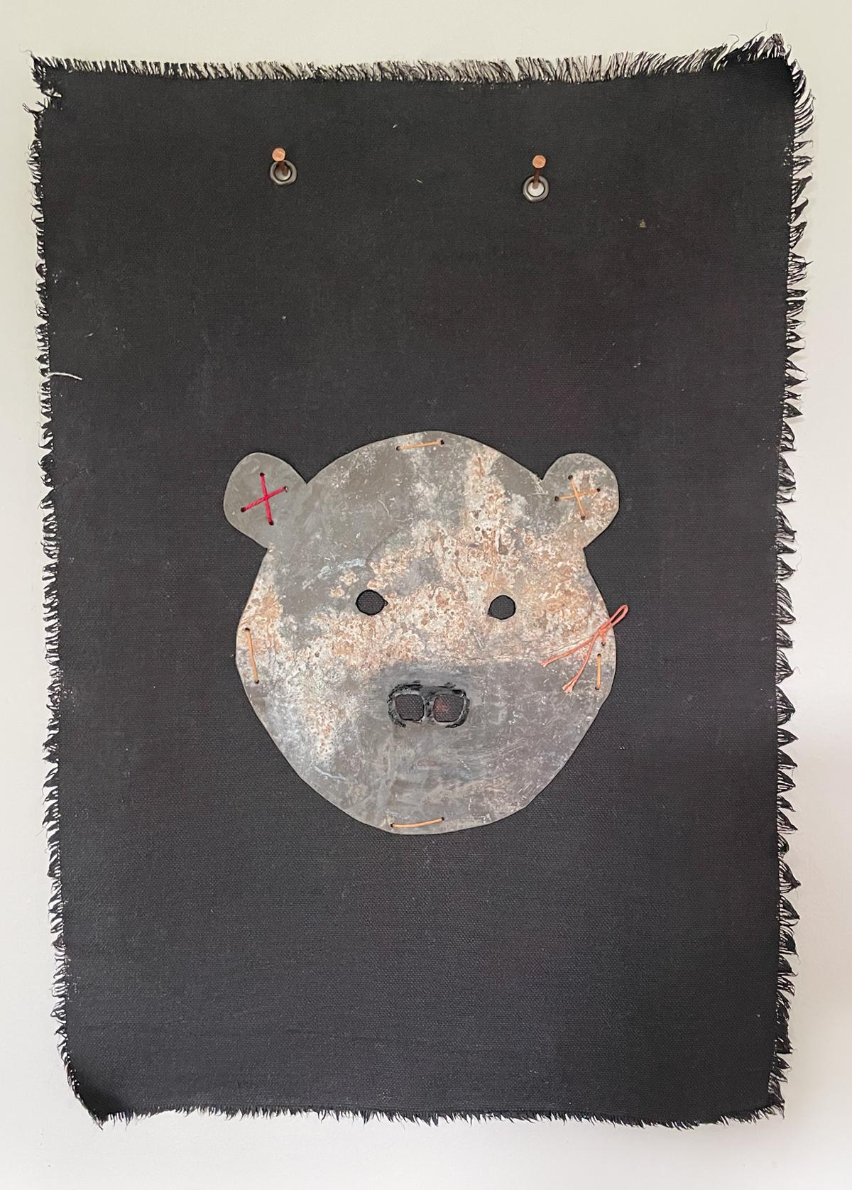 Fiber wall hanging: 'The Masks We Wear Series, Teddy' - Mixed Media Art by Gin Stone