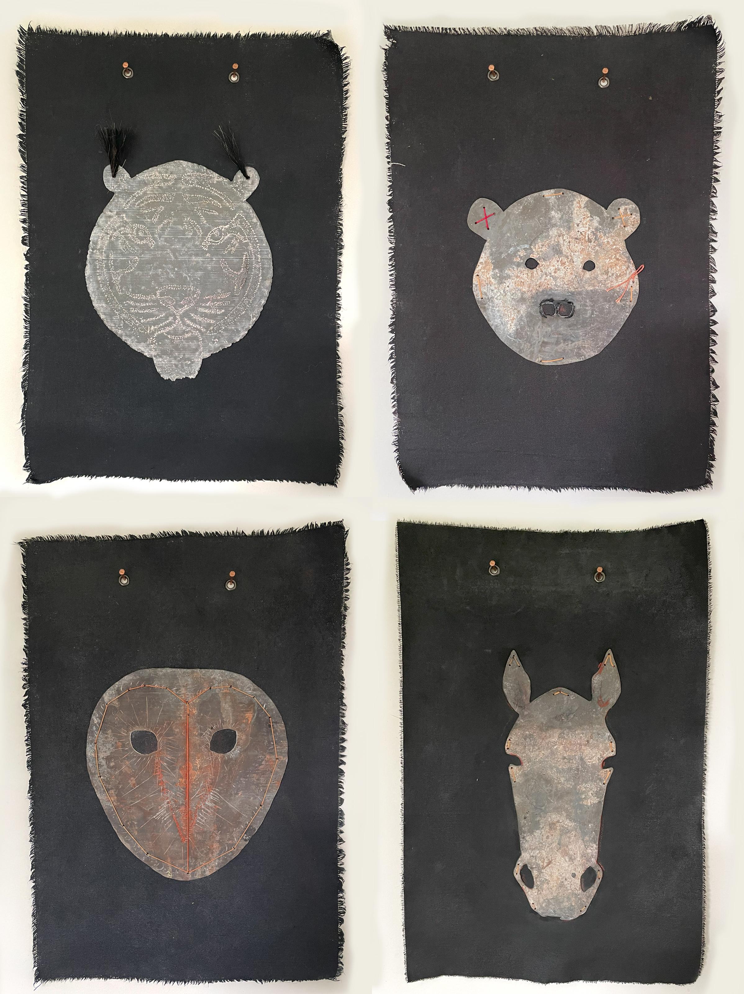 Four Fiber Wall Hangings: 'The Masks We Wear Series, Tiger, Teddy, Owl, Horse' - Mixed Media Art by Gin Stone