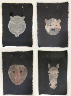 Used Four Fiber Wall Hangings: 'The Masks We Wear Series, Tiger, Teddy, Owl, Horse'