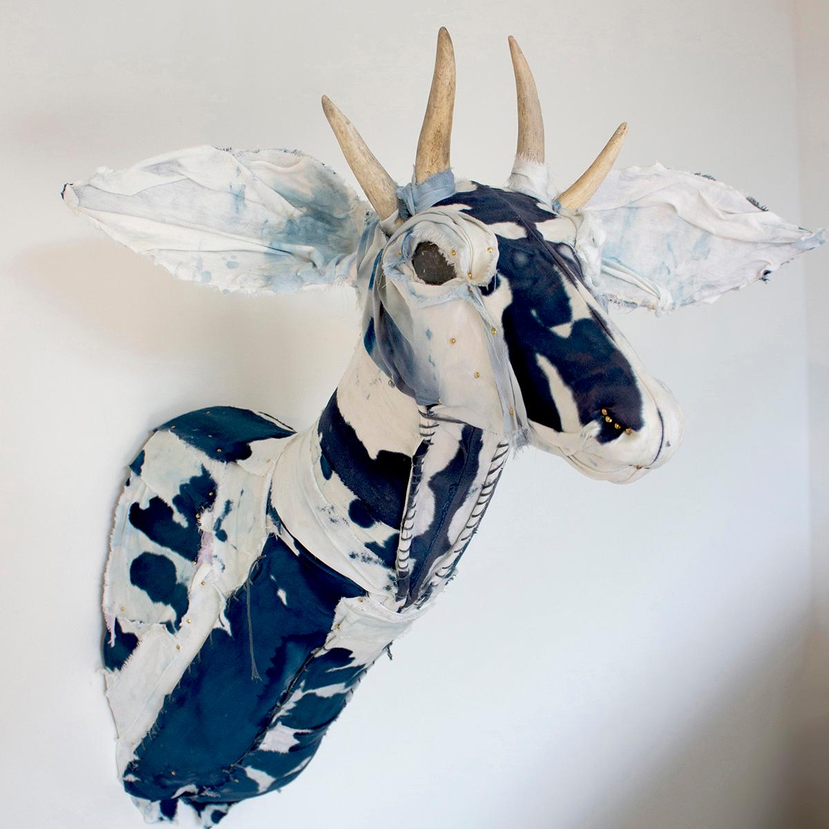 Stag Head Wall Sculpture: 'Cyano-stag' - Mixed Media Art by Gin Stone