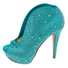 Gina Aqua Blue Crystal Embellished Satin Calamity Ankle Booties Size 39.5