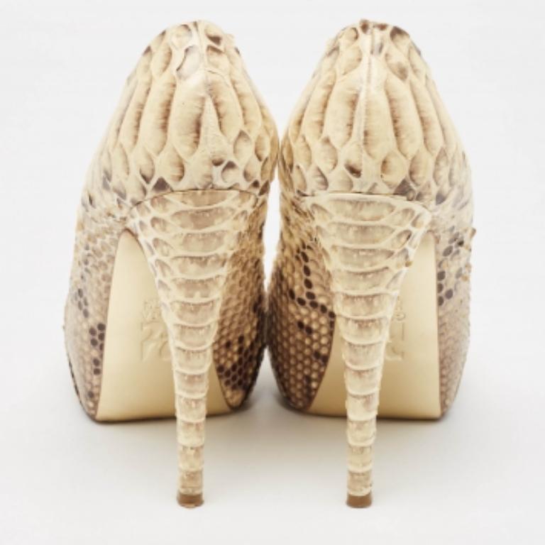 Gina Beige/Brown Python Hoodie Leather Platform Pumps Size 39 en vente 1