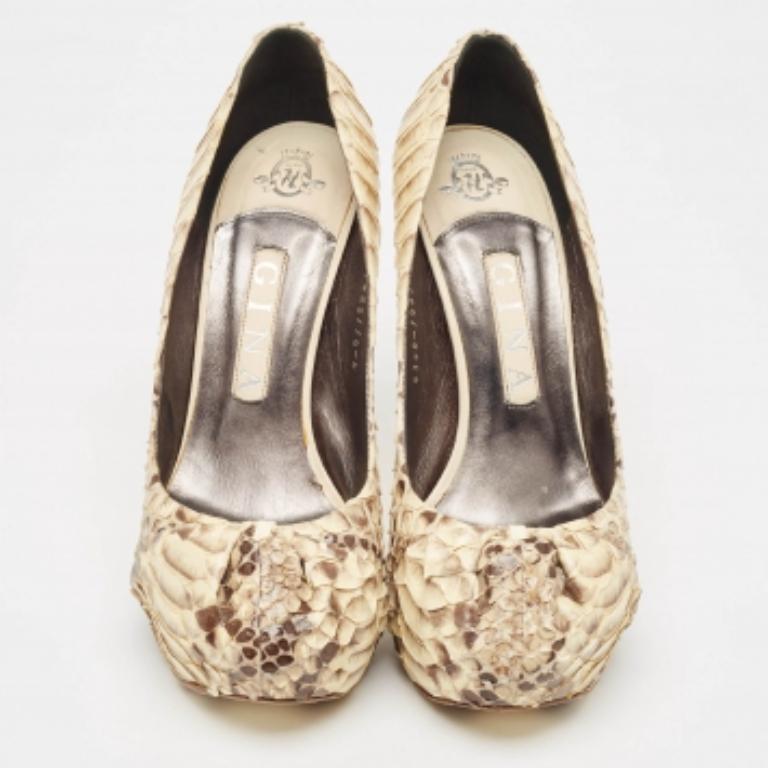 Gina Beige/Brown Python Hoodie Leather Platform Pumps Size 39 en vente 2