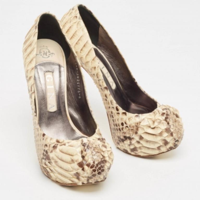 Gina Beige/Brown Python Hoodie Leather Platform Pumps Size 39 en vente 3