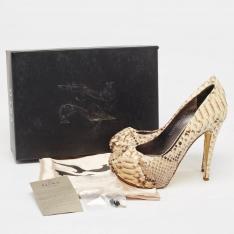 Gina Beige/Brown Python Hoodie Leather Platform Pumps Size 39 en vente 4