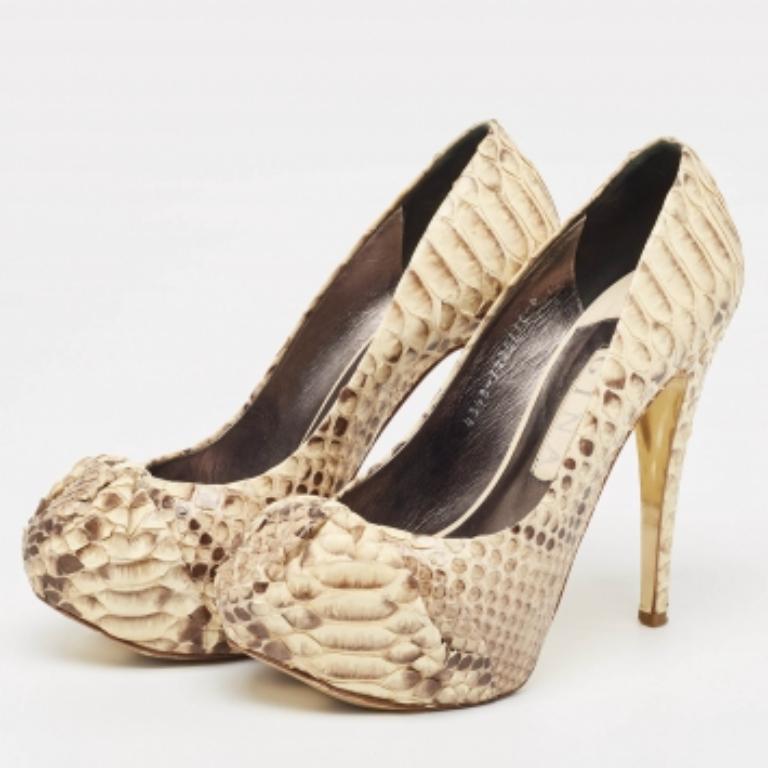Gina Beige/Brown Python Hoodie Leather Platform Pumps Size 39 en vente 5