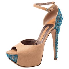 Gina Beige Canvas Crystal Embellished Heel Ankle Strap Platform Sandal Size 37.5