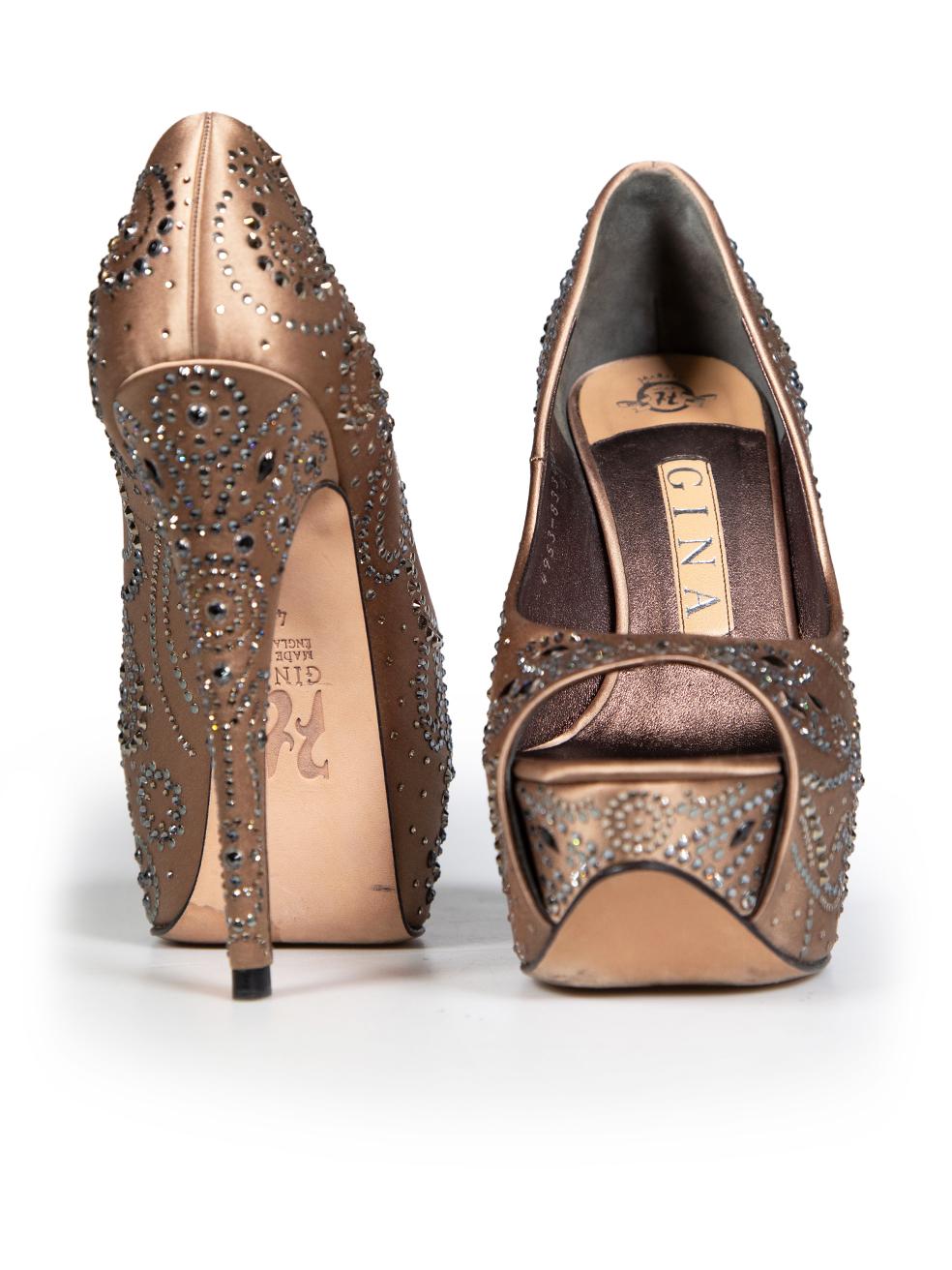 Gina Beige Crystal Embellished Platform Heels Size UK 4 In Good Condition For Sale In London, GB