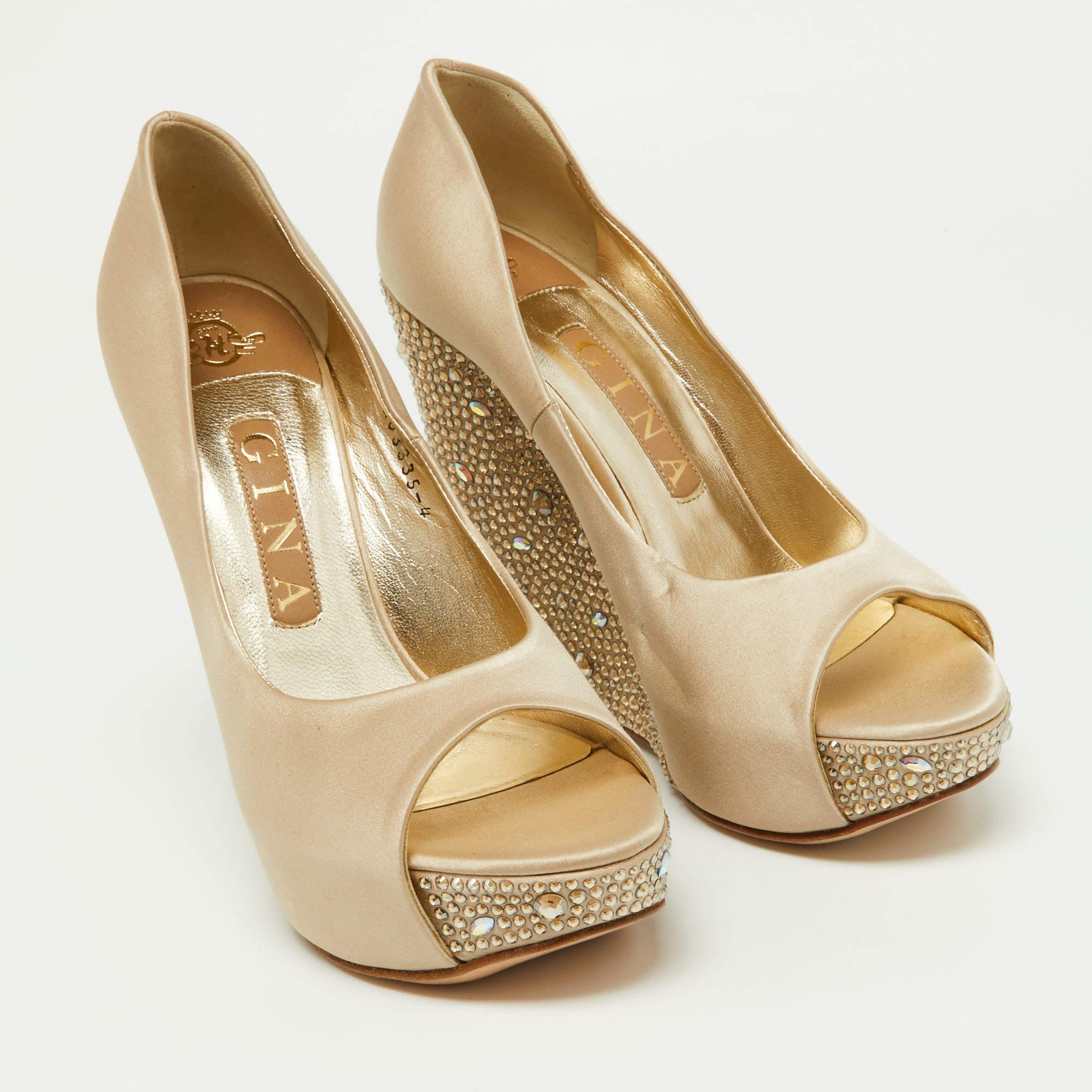 Gina Beige Crystal Embellished Satin Belle Open Toe Wedge Pumps Size 37 In Excellent Condition For Sale In Dubai, Al Qouz 2