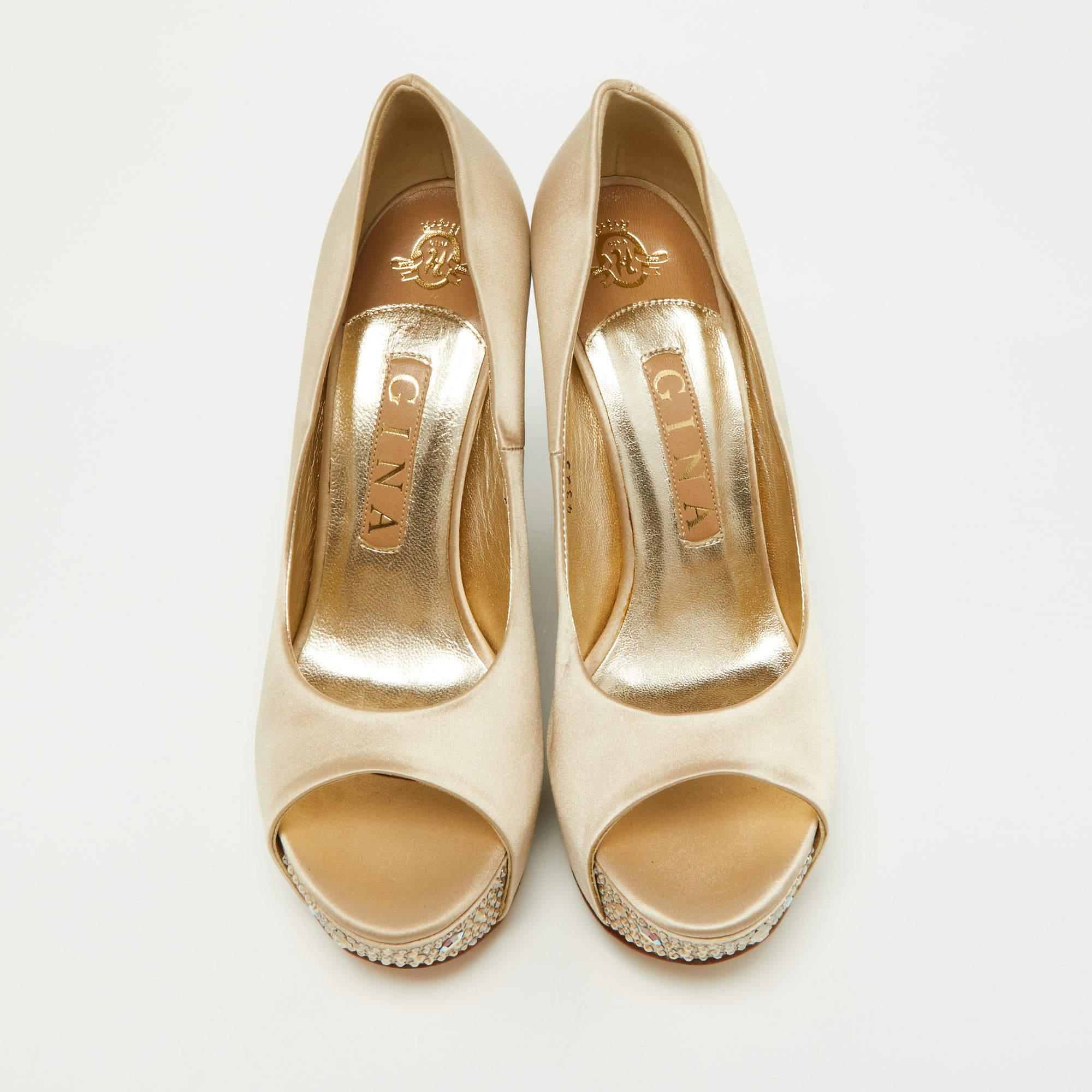 Gina Beige Crystal Embellished Satin Belle Open Toe Wedge Pumps Size 37 In New Condition For Sale In Dubai, Al Qouz 2