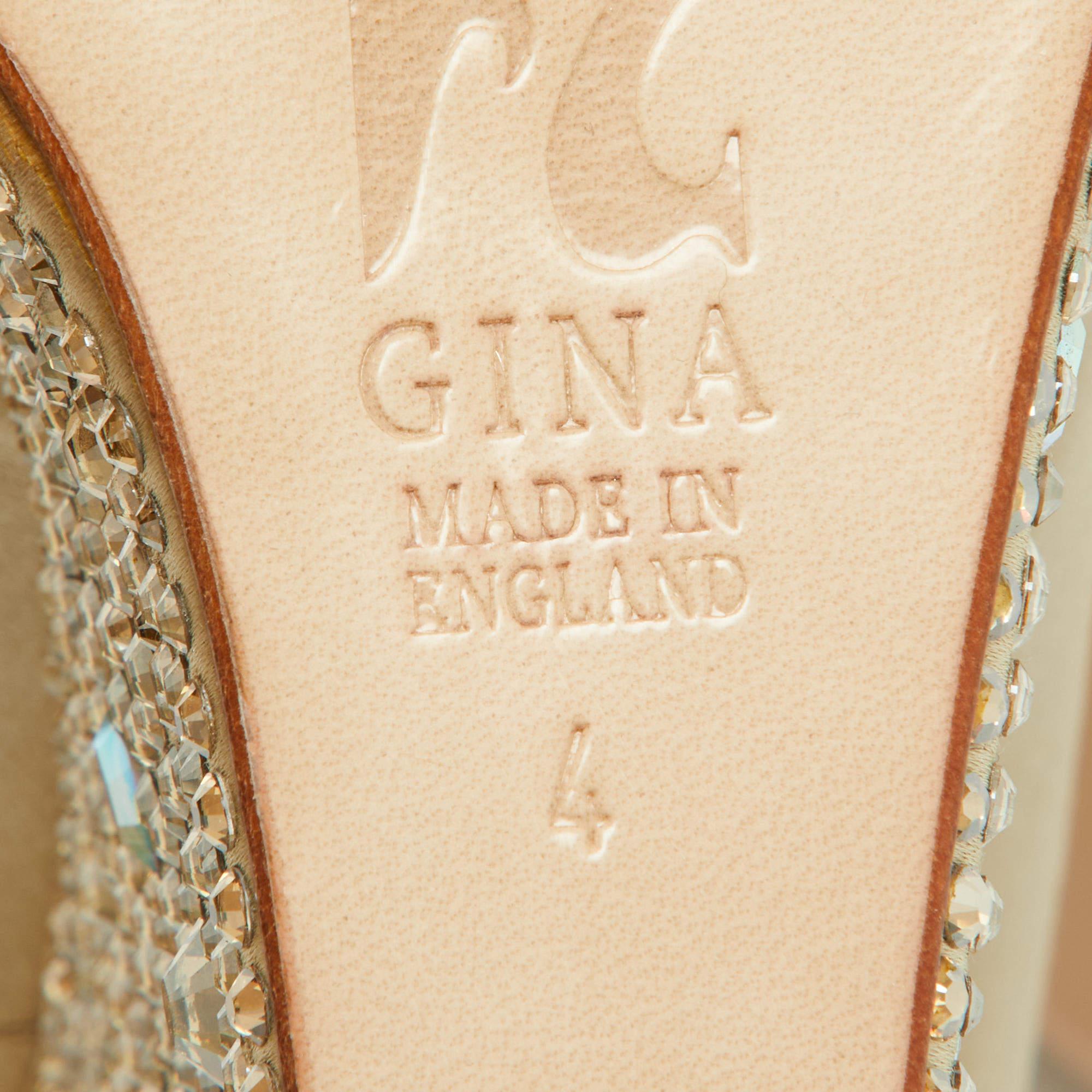 Gina Beige Crystal Embellished Satin Belle Open Toe Wedge Pumps Size 37 For Sale 2
