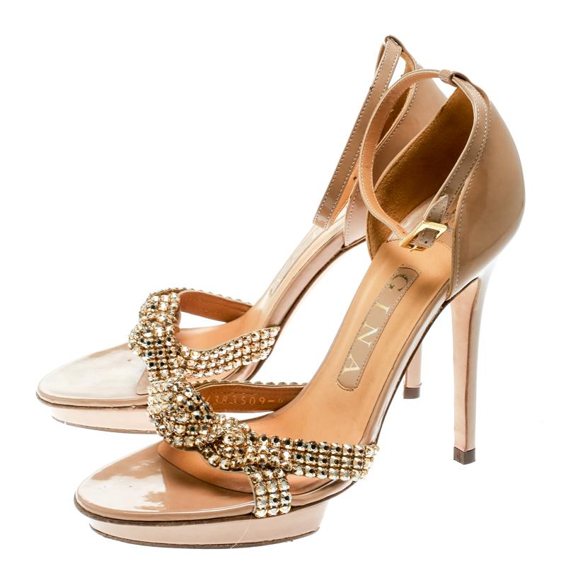 Gina Beige Leather Crystal Embellished Ankle Strap Platform Sandals Size 37 In Good Condition For Sale In Dubai, Al Qouz 2