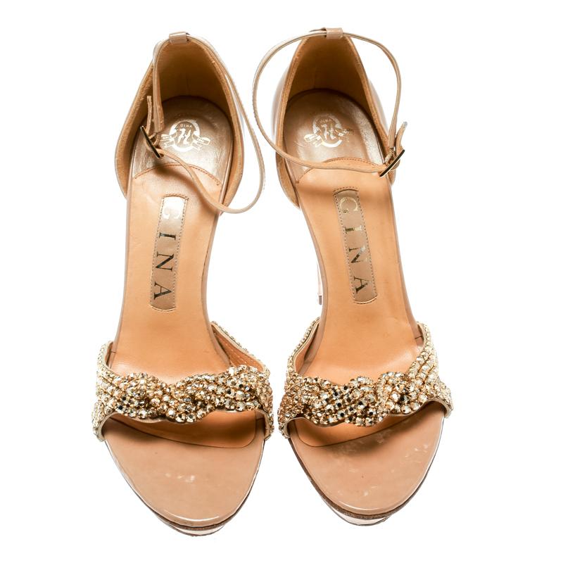 Women's Gina Beige Leather Crystal Embellished Ankle Strap Platform Sandals Size 37