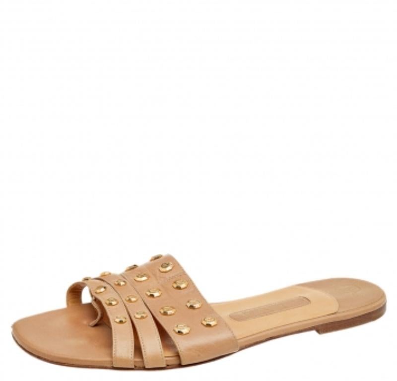Gina Beige Leather Embellished Slide Sandals Size 38.5 en vente 2