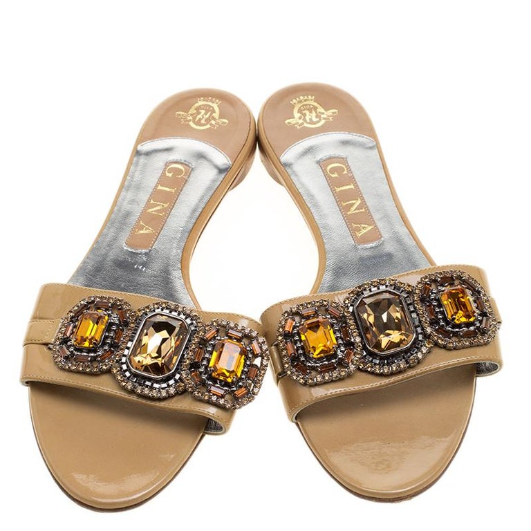 Gina Beige Patent Leather Crystal Embellished Flat Slides ...