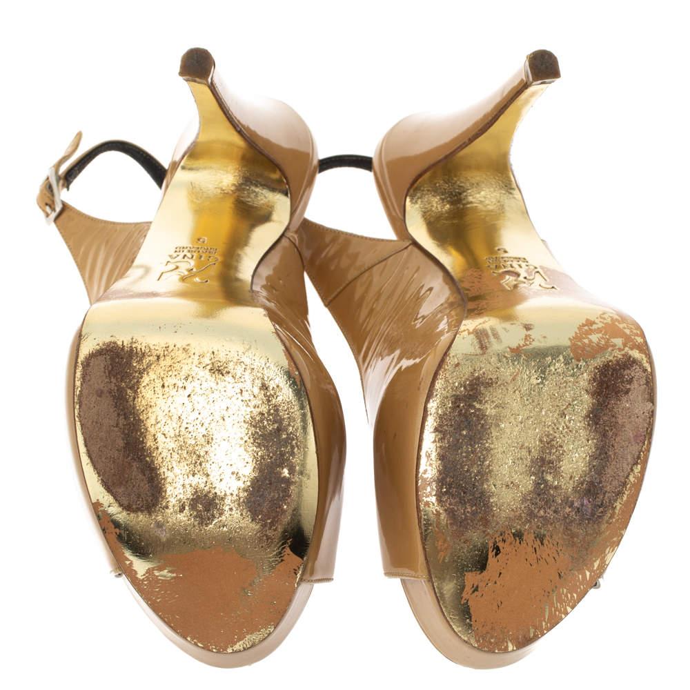 Gina Beige Patent Peep Toe Platform Slingback Sandals Size 38 1