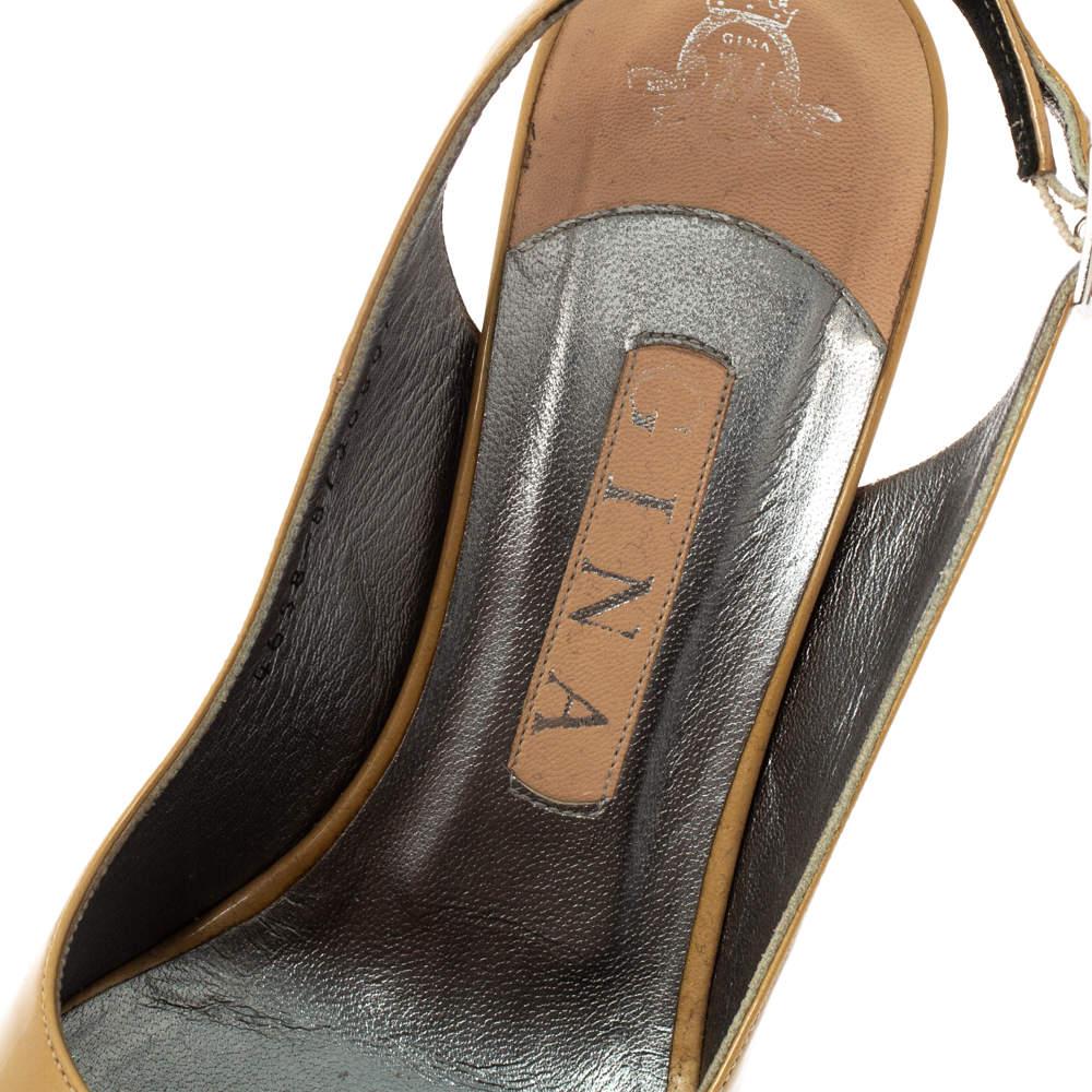 Gina Beige Patent Peep Toe Platform Slingback Sandals Size 38 2