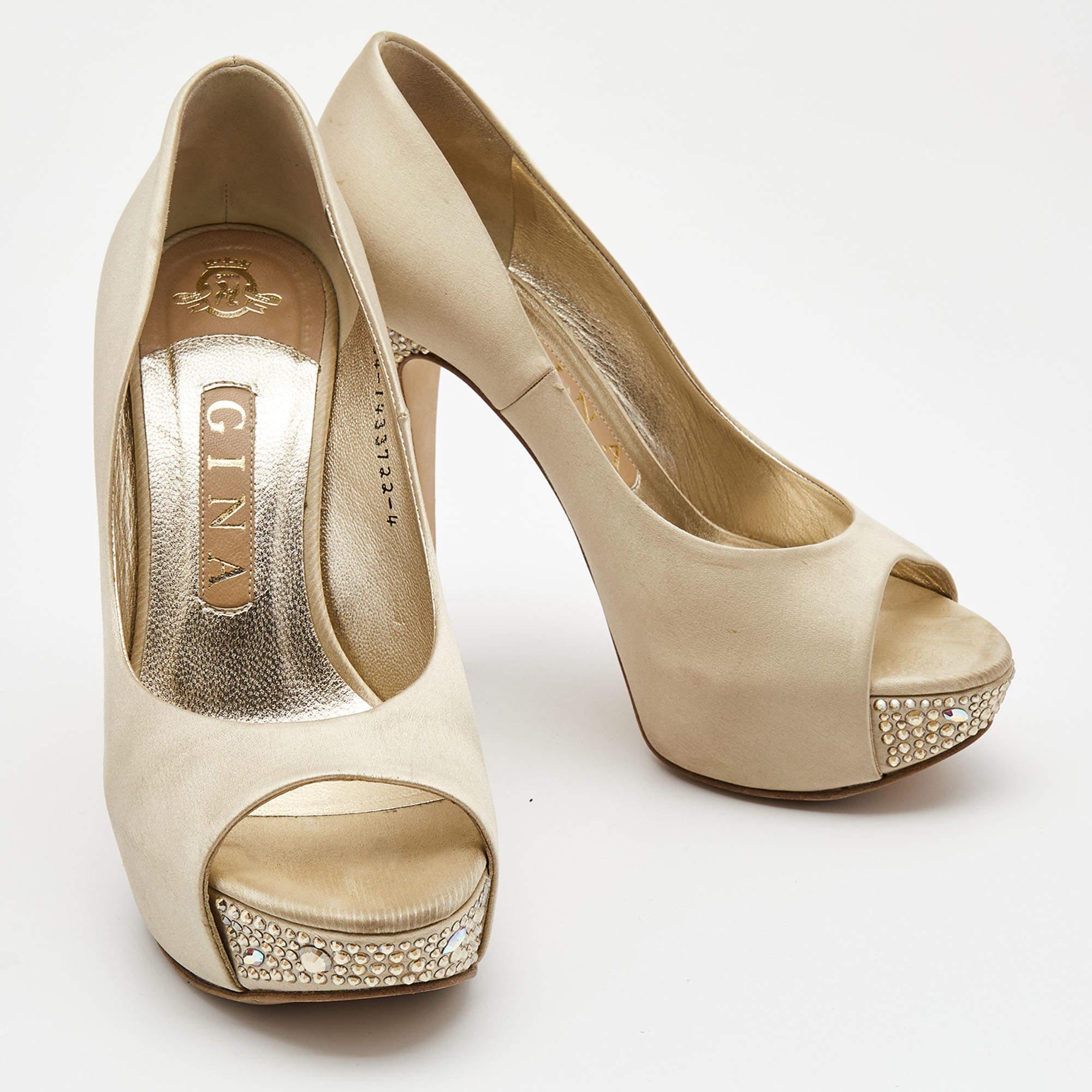 Donna Gina Beige Satin Crystal Embellished Heel Peep Toe Platform Pumps Taglia 37